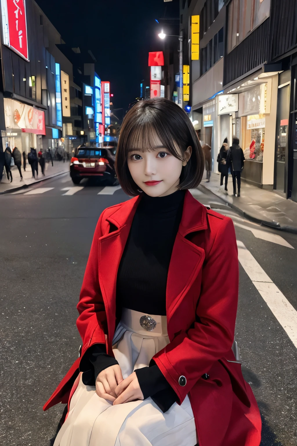 (((Night city,long skirt,Red coat,Little big,))),((japanes,femele,cute little)),(clean,short-hair),(top-quality,masterpiece:1.3,超A high resolution),(ultra-detailliert,Caustics),(Photorealsitic:1.4,RAW shooting,)Ultra-realistic capture,A highly detailed,High resolution 16K resolution