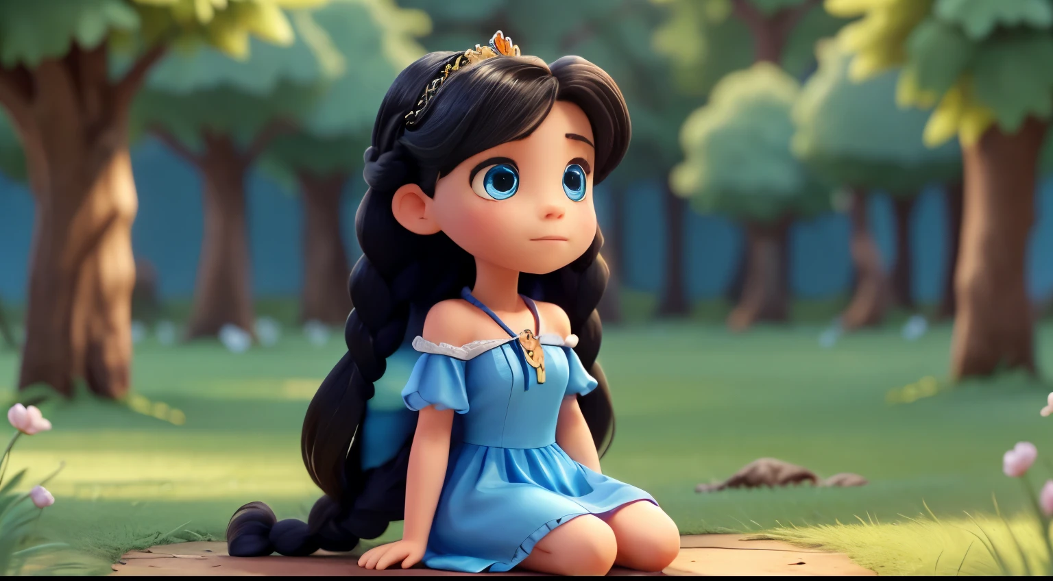 The good princess has long black hair, blue eyes, fair skin, and wears a very modest blu dress. She has two braids that cascade down to her shoulders. The princess is sitting on the ground and is sad