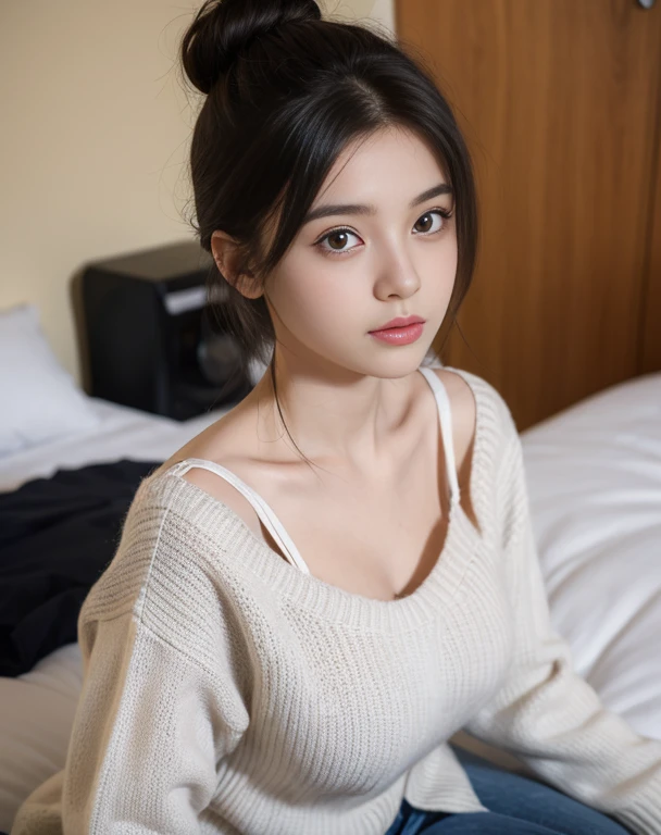 Masutepiece、highest qualityr、high resolusion、Eleonora Pavinato, 13 years old, Younger headshot in room sweter z dużym dekoltem you can see big breasts Beautiful bust girl Black hair Bun hair Beautiful firm breasts are comb big oczami seksowna, sentada en la cama.