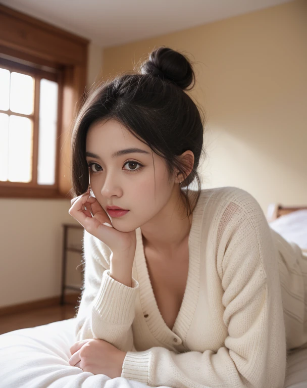 Masutepiece、highest qualityr、high resolusion、Eleonora Pavinato, , Younger headshot in room sweter z dużym dekoltem you can see big breasts Beautiful bust girl Black hair Bun hair Beautiful firm breasts are comb big oczami seksowna, sentada en la cama.