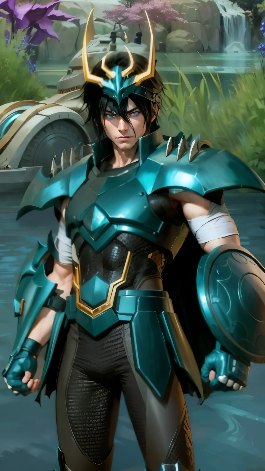 Anime villain, realistic, 1 boy, cool, heandsome, 8k quality, blue eyes, black hair.