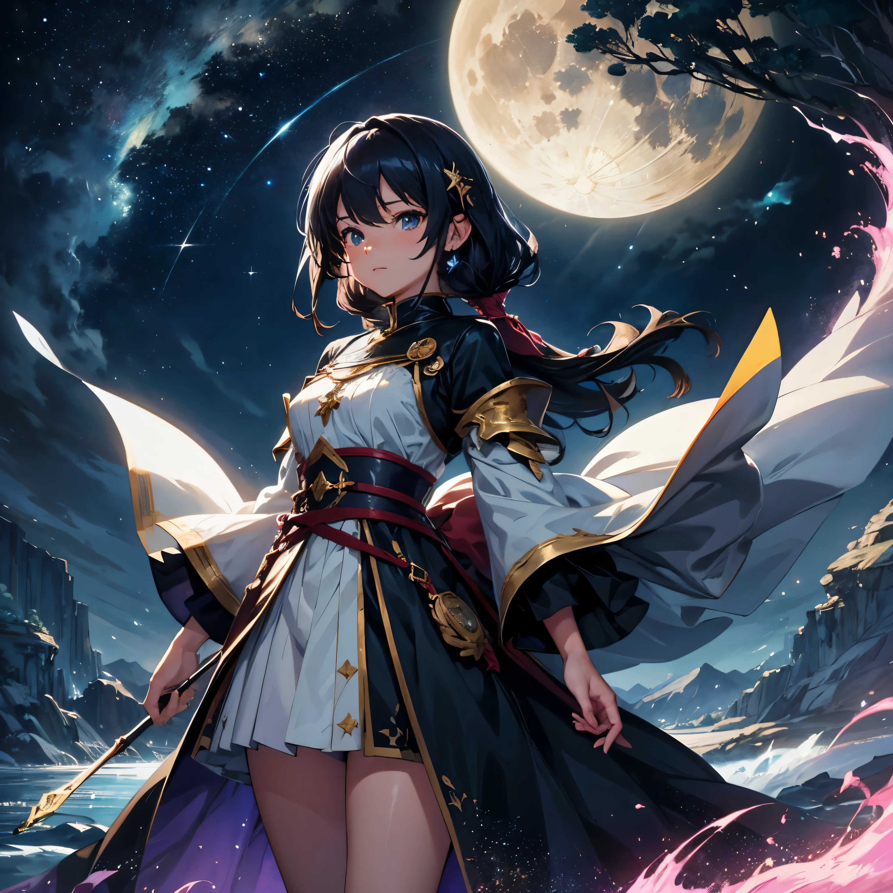 Painting of a river with stars and moon in the sky、top-quality、Fantasyart、beautiful anime scene、Bright moon、Moonlit star environment、Dream painting、Anime Background Art、Fantasy landscape art、fantasy knight、anime background artwork、Fantastic art、atmospheric anime、starrysky、Detailed details、girl standing looking up at the sky、Wide starry sky、