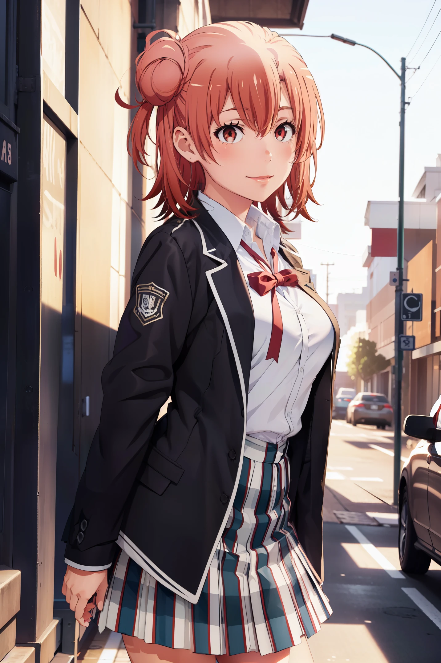 Best quality, masterpiece, highres, 1girl, Yuigahama Yui , school uniform, Plaited skirt, short hair, red ribbon, white shirt, black jacket, big boobs, Standing, smile, school background