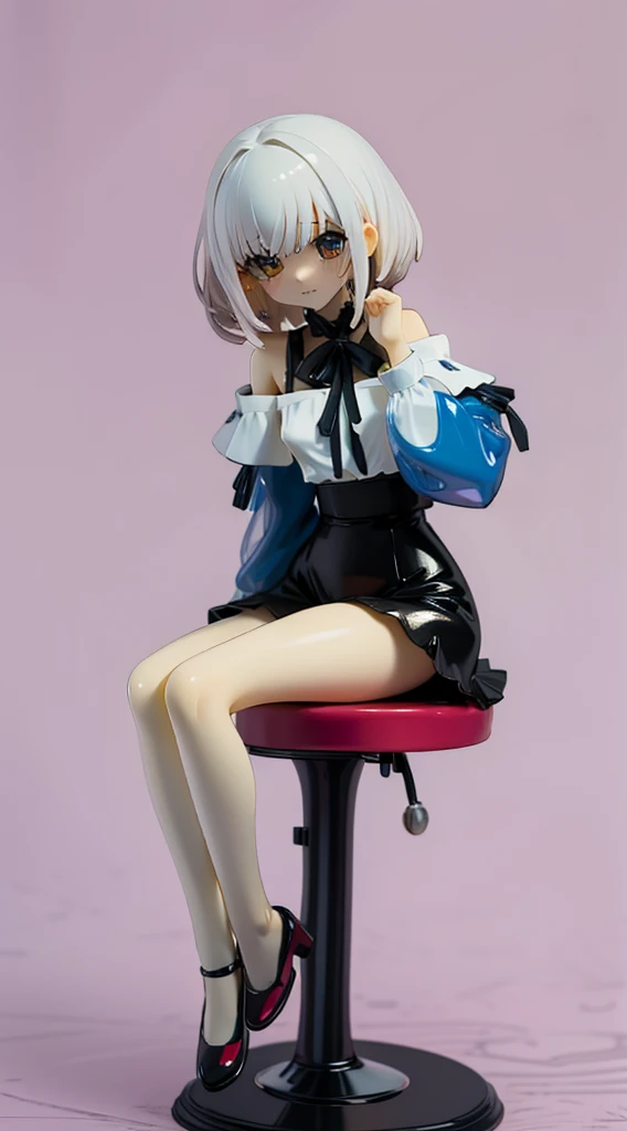 Real View,Ultra Miniature Paintings,shiny pvc,shy crying face,kawaii girl, Slender big,Put out the nipples,red ribbon silver hair,thin waist,See-through shiny off-the-shoulder blouse,Transparent vinyl micro mini skirt,Lace panties,sitting on,Convenience store at midnight,plastic model,