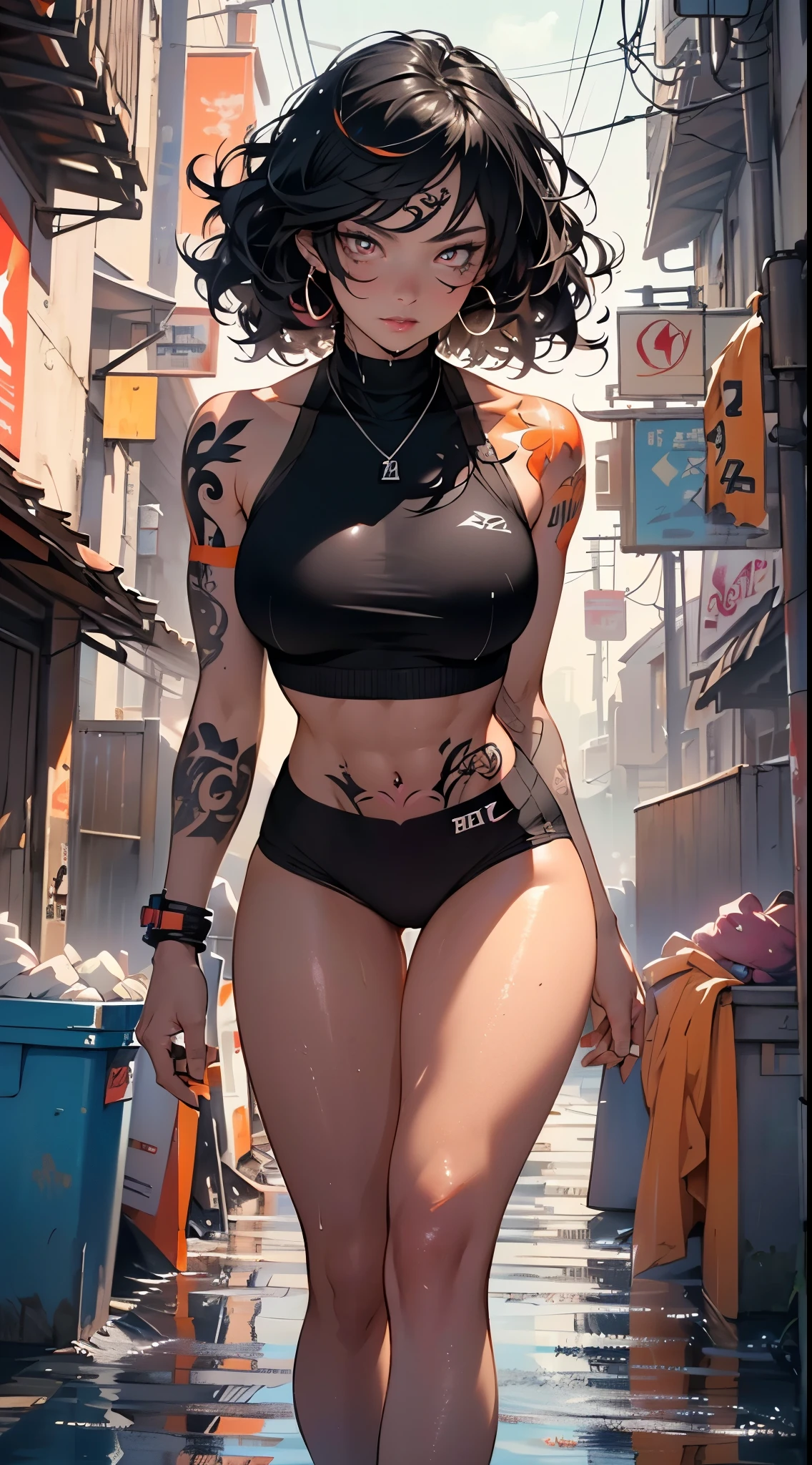 girl sporty,((attractive and muscular girl)),(tomboy),

(large breasts:1.4),saggy breasts,(((black hair:1.35,curly hair, disheveled hair:1.3,very long hair:1.4,colored inner hair,ear breathing))),((heterochromia:1.5, (orange_eye and red_eye))),intricate eyes,beautiful detailed eyes,symmetrical eyes,(((lustrous skin:1.5,bright skin: 1.5,skin tanned,shiny skin,very shiny skin,shiny body,plastic glitter skin,exaggerated shiny skin,illuminated skin, wet legs))),(spider lower abdomen,narrow waist,wide hip,athletic body,inflated legs, thick thighs,detailed body),(((muscle legs,muscular thighs,muscular girl,strong and muscular,bodybuilder,strong body,muscular,feminine and muscular,ABS))),(detailed face),(((tattoos:1.5))),

cute,slutty,seductive,erotic,(((nsfw))),

zettai ryouiki,((tight sports bra, tight sports panties, ((orange and black clothes)))),((wet clothes,intricate outfit,intricate clothes)),

(dynamic pose:1.0),annoyed,(centered,scale to fit dimensions,Rule of thirds),

cyberpunk city by the ocean at night, with bright neon signs and dark stormy clouds and puddles, scenery:1.25,nighttime, starry night, cosmos,Very dark night that makes the neon lights stand out, very bright neon lights,

artistic photography,(photography taken by sldr),highres, sharp focus,(ultra detailed, extremely detailed), (photorealistic artwork:1.37),(extremely detailed CG unity 8k wallpaper),((synthwave background theme)),(((vibrant colors))),intricate,(intricate background),(masterpiece),(best quality),perfect rendered face,perfect face details,realistic face,photo realistic,analog style,((intricate detail)),(((realism))),