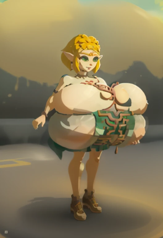 zeldatotk,1girl,smile,cel shading,full body in view,green eyes, (large breasts:1.6)
