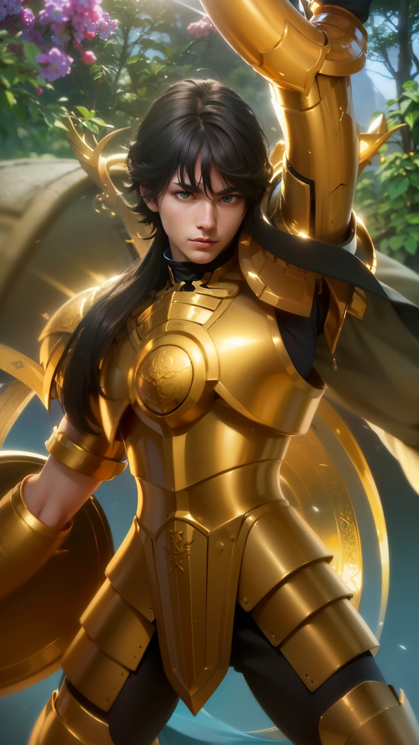masculine male, masterpiece, ((perfect eyeest quality, (semirealism:1.9), beautiful lighting, (extremely detailed CG unity 4k fhd wallpaper), High Detail, Sharp focus, dramatic outdoors, 1 boy ,17 years old, short hair, blue eyes, smile, Attractive profile picture, masterpiece, ultra-precise rendering, beautiful and cool young man, trustworthy, dependable young man, savior of the world, design, most beautiful image, 4K, light green eyes, saint seiya gold armor, black hair.