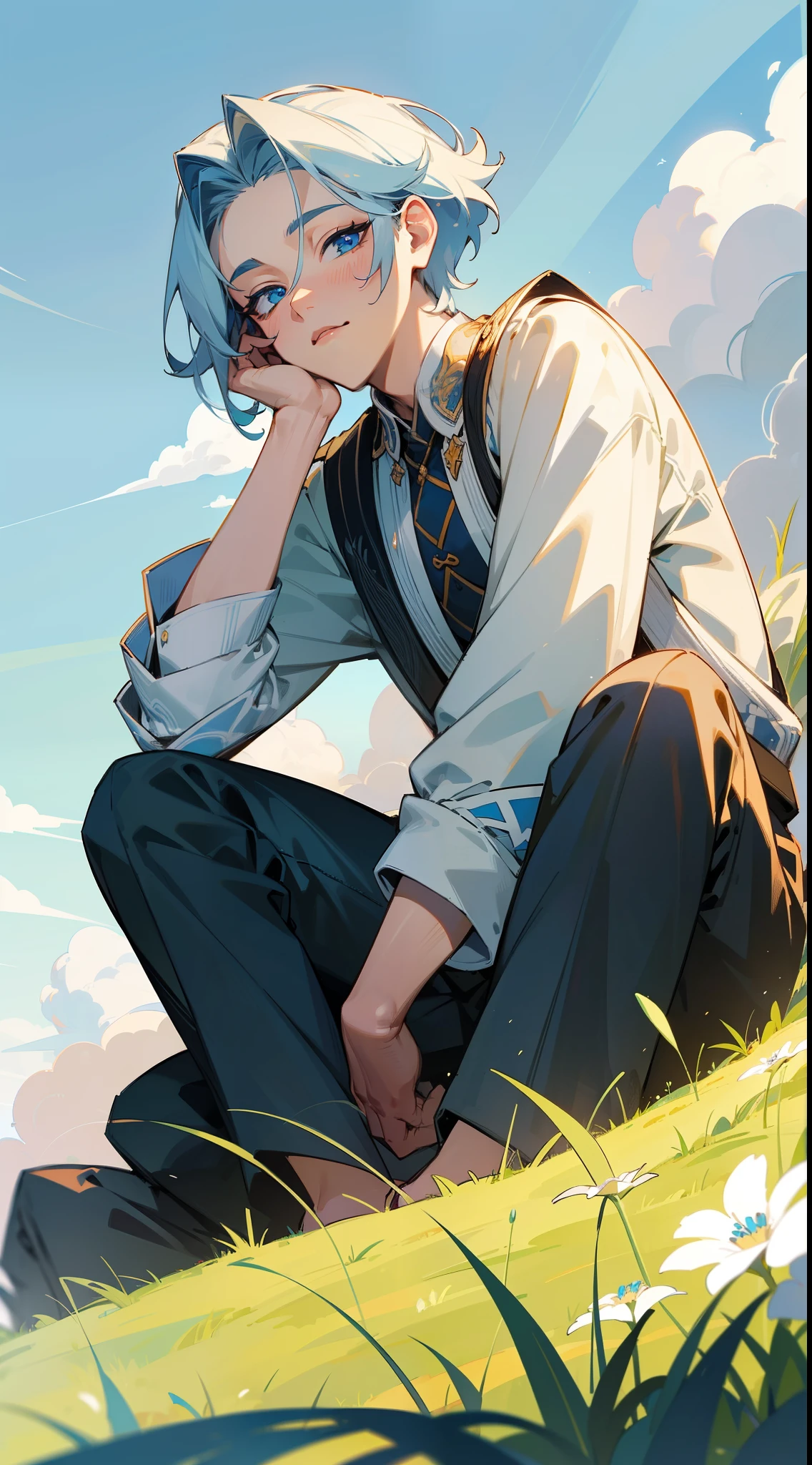 A handsome men sitting at the hill filled with beautiful grass while watching the sky, beautiful cloud, (very detailed), (masterpiece), (beautiful art), (amazing illustrations), (perfect eyes), (perfect face), (blue eyes)