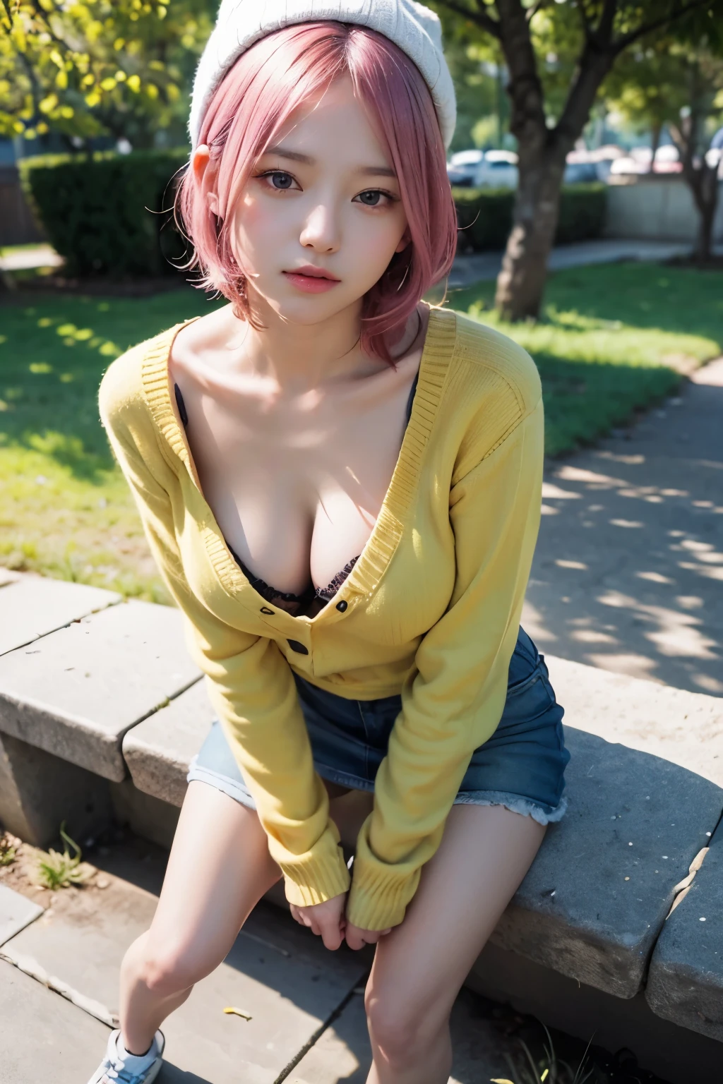 (8K, top-quality, masterpiece:1,2), (reallistic, Photorealsitic:1.37), Super Detail, One girl,), (Highly detailed), (beautifully detailed eyes), (of the highest quality), (super detailed ), (masterpiece), (Detailed face),20yr old, ,1 girl, full body, pink hair,Very short hair, medium breasts, clothed, Perfect Lighting, pussy and breast focus, looking at viewer, aroused face, naughty face, Yellow knitted hat, green clothes, brown miniskirt, shoes, outdoors, sunny, standing under a tree, winter