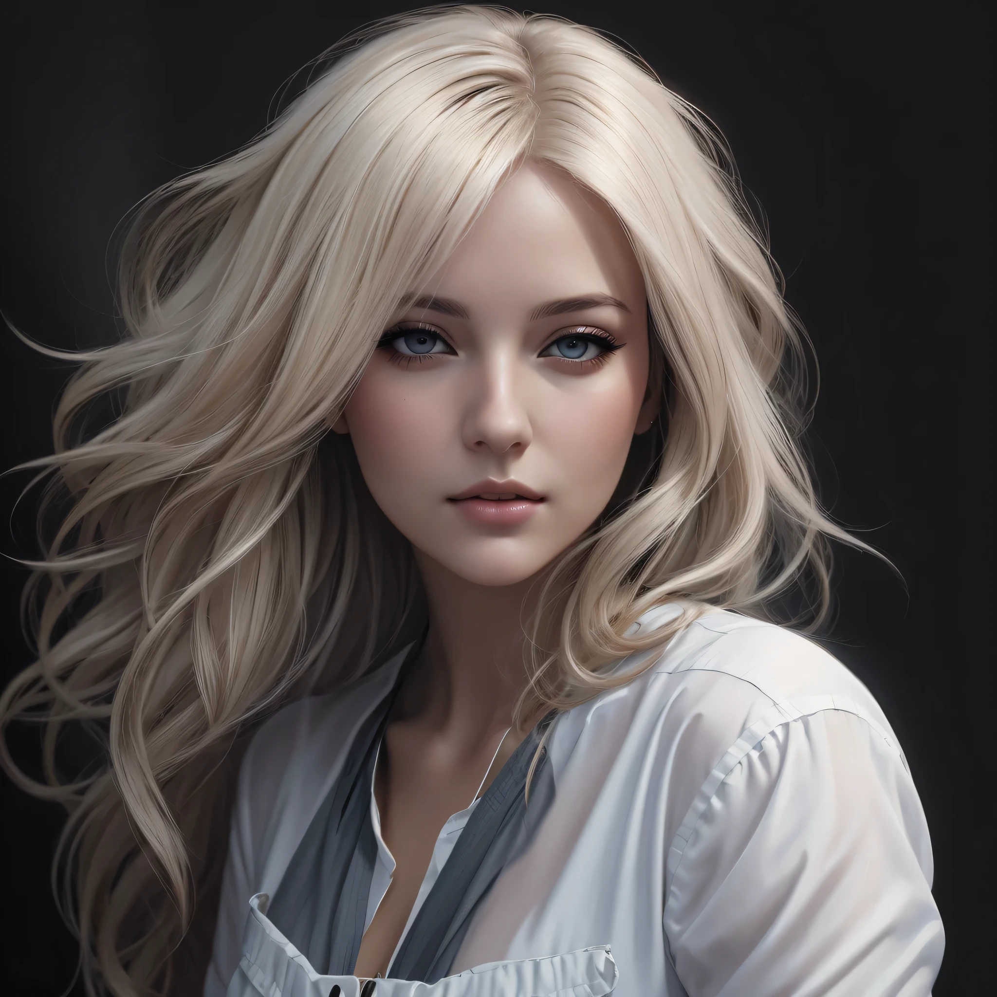 un gros plan d'une femme aux longs cheveux blonds et une chemise blanche, Portrait d’Artgerm, Magnifique peinture numérique, Style de Charlie Bowater, Portrait fantaisie mat détaillé, Portrait d’art de personnage, Charlie Bowater Character Art, peinture au crayon numérique, Dessiné dans le style d’Artgerm, Belle peinture numérique, Style artistique Charlie Bowater, Dessin numérique réaliste