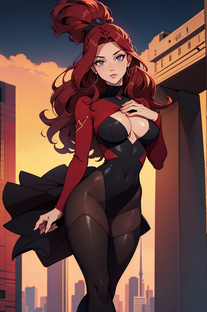 linda ruiva com maio vermelho, long black tights,com salto alto vermelho, olhar y,belos olhos, em pe olhando para frente,olhar serio pose sexidade a noite com neom