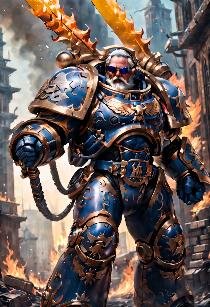 Warhammer 40K universe,Knight armor santa claus,Mechanical suit of blue and gold armor,Santa hat,sparkly red color sunglasses,Intense war-like environment,holding a flaming sword,Destroyed buildings and flames,The background is a futuristic cityscape,severe and threatening atmosphere,Sci-fi cyberpunk aesthetics,High contrast and desaturated tones,Dramatic and dynamic lighting effec quality,4k,(highres,masterpiece:1.2),ultra-detailed,(realistic,photorealistic,photo-realistic:1.37)
