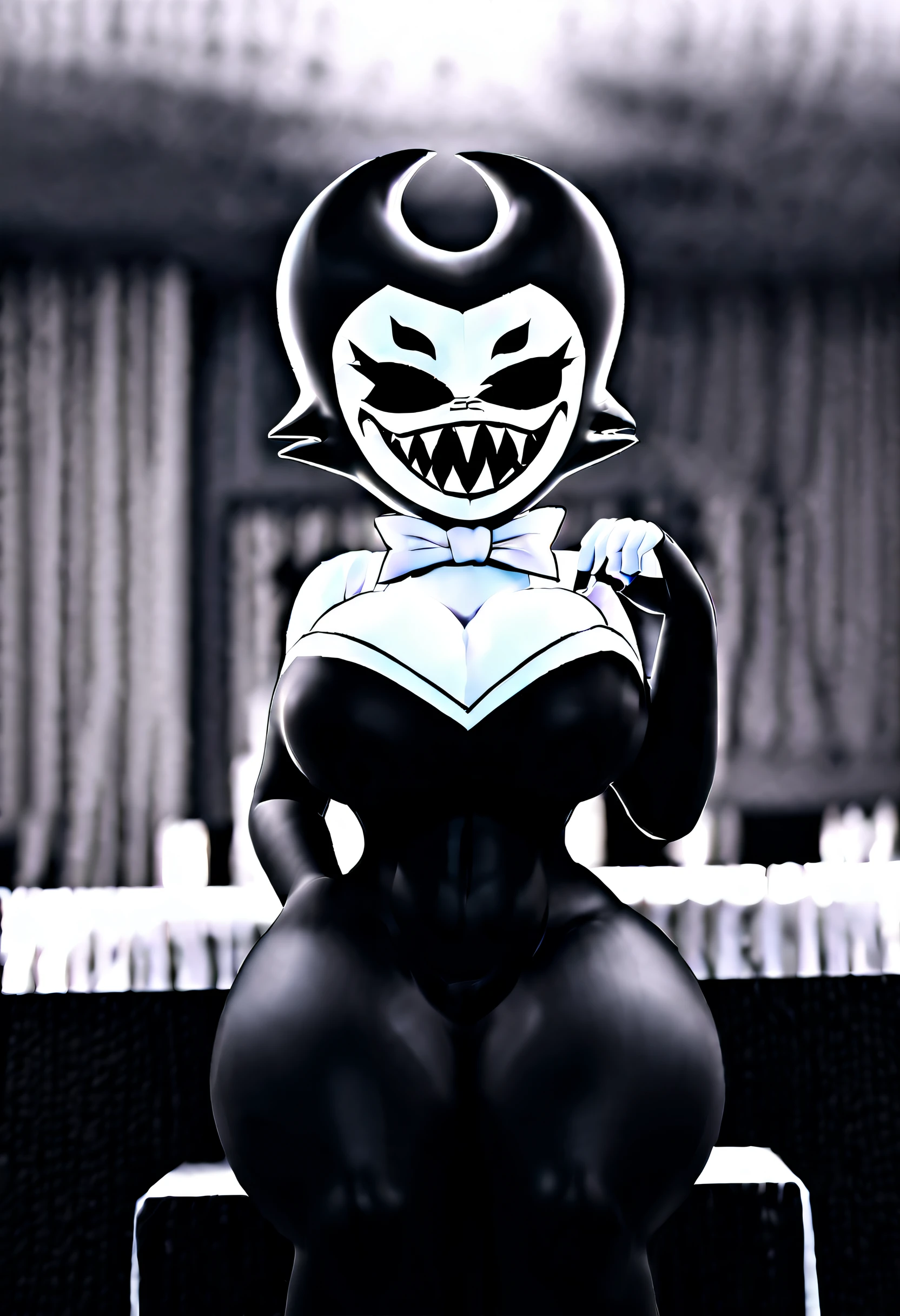 (best quality, masterpiece1.2), 1girl, solo, antro, cally3d, (black body), (ink darling), horns, black horns, sharp teeth, white dress, woman, black eyes, (no pupils), white face, sexy, detailed, extreme detail, perfect lighting, 4k, closed mouth, devil tail, ink black body, wide hips, sitting across dinner table, fancy restaurant