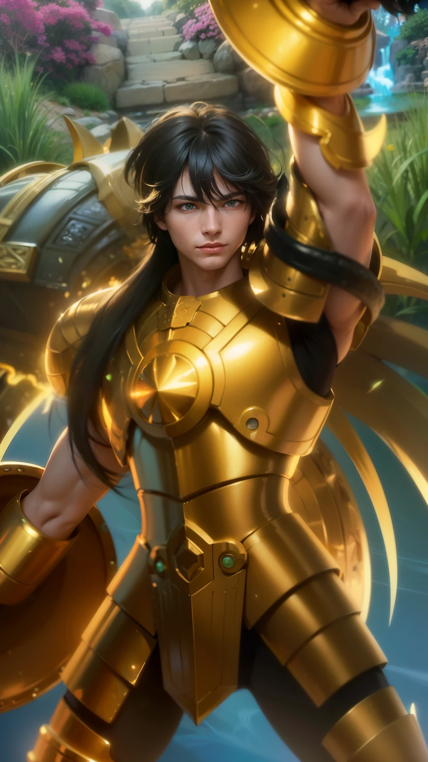 masculine male, masterpiece, ((perfect eyeest quality, (semirealism:1.9), beautiful lighting, (extremely detailed CG unity 4k fhd wallpaper), High Detail, Sharp focus, dramatic outdoors, 1 boy ,, short hair, blue eyes, smile, Attractive profile picture, masterpiece, ultra-precise rendering, beautiful and cool young man, trustworthy, dependable young man, savior of the world, design, most beautiful image, 4K, light green eyes, saint seiya gold armor, black hair.