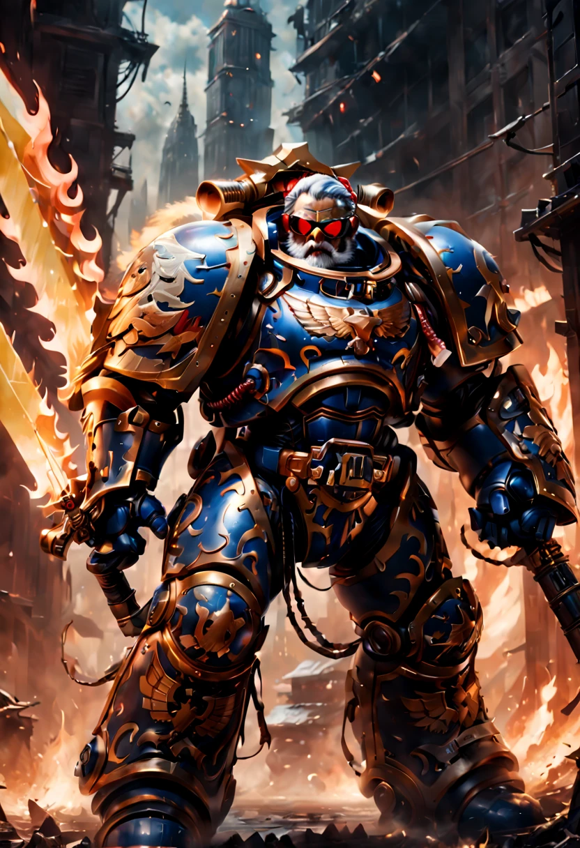 Warhammer 40K universe,Knight armor santa claus,Mechanical suit of blue and gold armor,Santa hat,sparkly red color sunglasses,Intense war-like environment,holding a flaming sword,Destroyed buildings and flames,The background is a futuristic cityscape,severe and threatening atmosphere,Sci-fi cyberpunk aesthetics,High contrast and desaturated tones,Dramatic and dynamic lighting effec quality,4k,(highres,masterpiece:1.2),ultra-detailed,(realistic,photorealistic,photo-realistic:1.37)