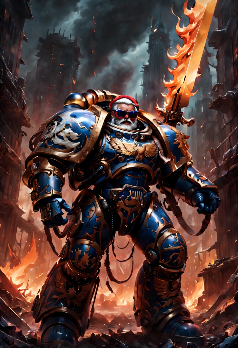 Warhammer 40K universe，Knight armor santa claus，Mechanical suit of blue and gold armor，Santa hat，sparkly red color sunglasses，Intense war-like environment，holding a flaming sword，Destroyed buildings and flames，The background is a futuristic cityscape，severe and threatening atmosphere，Sci-fi cyberpunk aesthetics，High contrast and desaturated tones，Dramatic and dynamic lighting effec quality,4k,(highres,masterpiece:1.2),ultra-detailed,(realistic,photorealistic,photo-realistic:1.37)