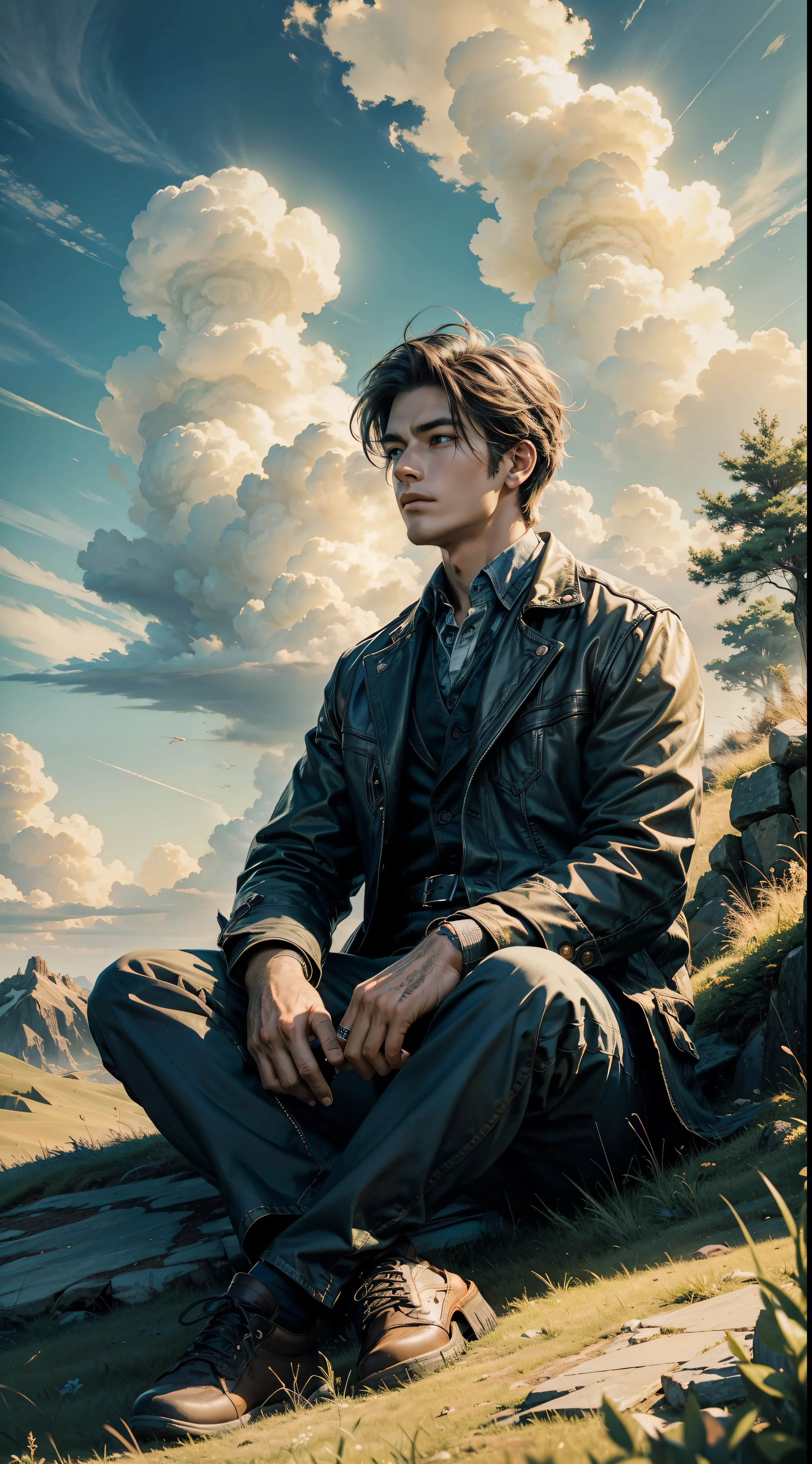 A handsome men sitting at the hill filled with beautiful grass while watching the sky, beautiful cloud, (very detailed), (masterpiece), (beautiful art), (amazing illustrations)