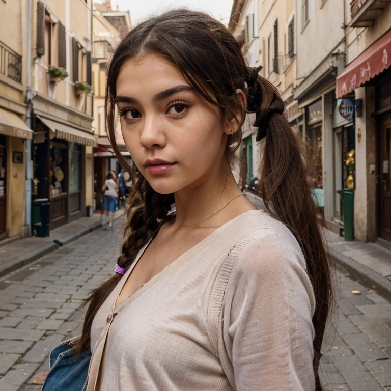 a woman with brown hair in an street italy , :: madison beer, streaming, pigtail, photorealistic - h 6 4 0, 🎀 🧟 🍓 🧚, see, live2d, looks like laura barriales, —ar 9:16, sam nassour, 5 0 s, insanely cute, frontal close up, in tokio, straight eyebrows