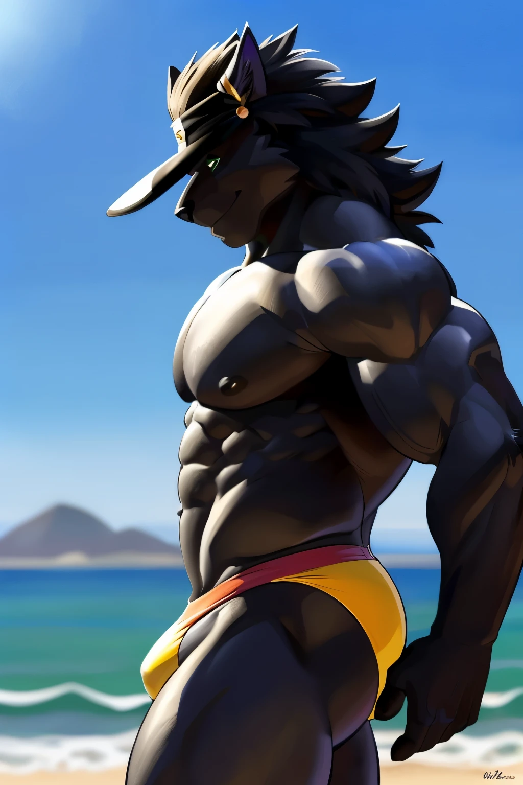 Namorados, casal gay, lobo cinza de olhos fechados, speedos vermelho, e lobo branco de olhos bem abertos e amarelos, impressionado, speedos preto, se beijando, beijo, side view. 4k, high resolution, best quality, Postado em E621, corpo do antro, macho, , Macho, (very muscular, peitos fortes, fucinhos longos peitorais fortes, Defined muscles:1.2), anatomia correta, (Fundo da praia, fundo do mar, sky background, dia:1.0), (blurry background, Plano de fundo fora de foco:1.2), (por wfa:1.0), (por Negger:1.0), sexy, (cel sombreado, sombreamento dos desenhos animados:1.2), lineart preto, contorno preto, flat coloration, (sombras fortes, sombras escuras:1.2), (speedos, bojo), sombras sexy, Cauda de lobo
