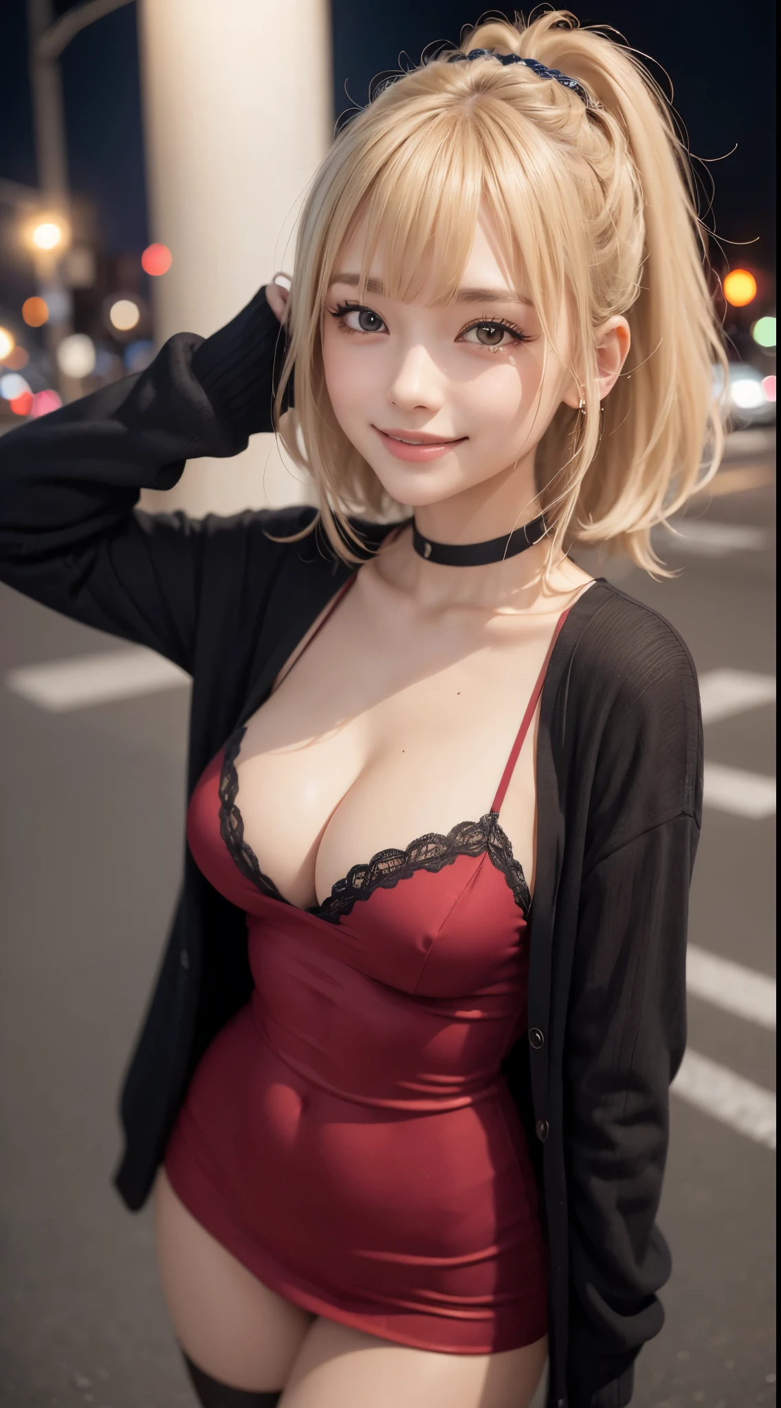 ((top-quality、masutepiece、hight resolution))、(Zoom photo from the front:1.95、Pose inviting a man、On the street at night、Groomed bangs、Medium hair、gal make:1.3、Blonde hair:1.3、Small cleavage、Cute smile:1.45)、One beautiful girl Santa、kawaii faces、Black tights、(((Santa Costumes)))