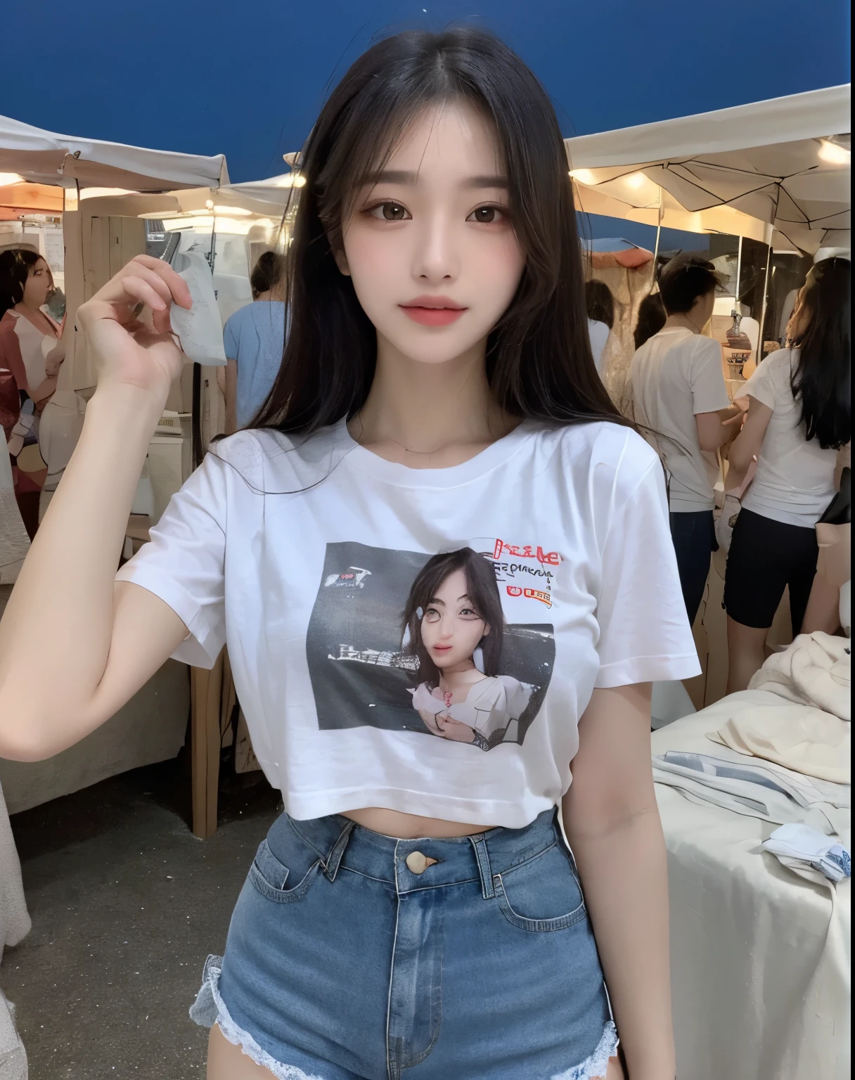 (Masterpiece, best resolution: 1.2), (brown eyes), seduction, smile, long hair, small breast, high-definition facial features, 8K, double eyelids, delicate facial feature, natural body, ((((wearing t-shirt and short pants))), (((night market))), (standing)