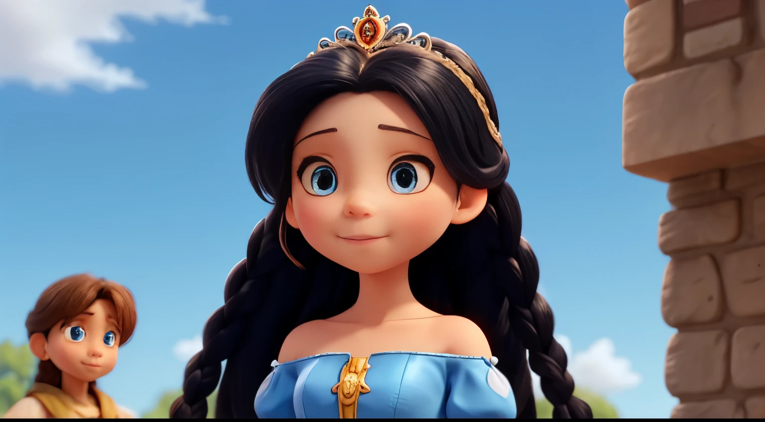 The good princess has long black hair, blue eyes, fair skin, and wears a very modest blu dress. She has two braids that cascade down to her shoulders. In the background a big cast