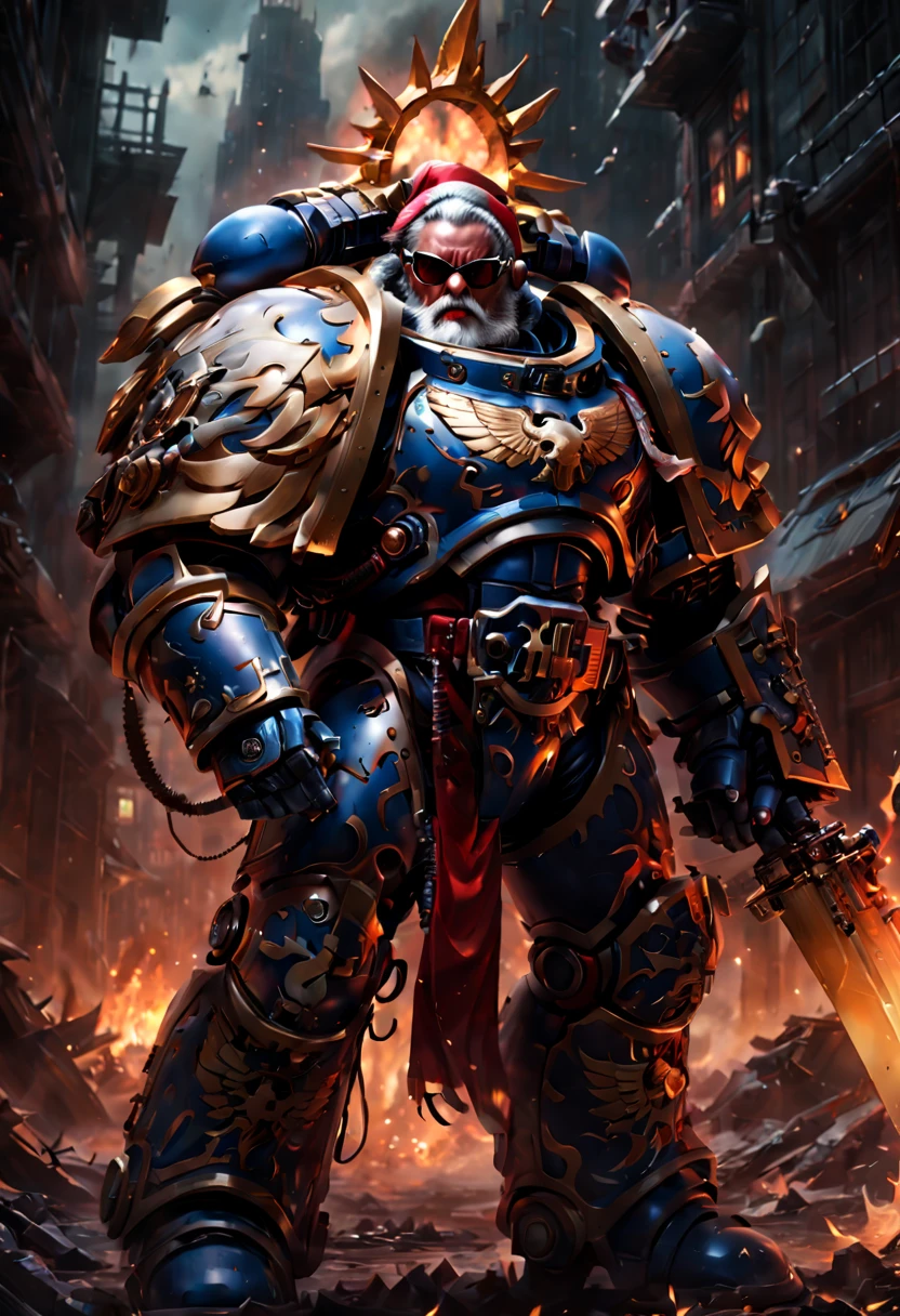 Warhammer 40K universe,Knight armor santa claus,Mechanical suit of blue and gold armor,red Santa hat,sparkly red color sunglasses,Intense war-like environment,holding a flaming sword,Destroyed buildings and flames,The background is a futuristic cityscape,severe and threatening atmosphere,Sci-fi cyberpunk aesthetics,High contrast and desaturated tones,Dramatic and dynamic lighting effec quality,4k,(highres,masterpiece:1.2),ultra-detailed,(realistic,photorealistic,photo-realistic:1.37)