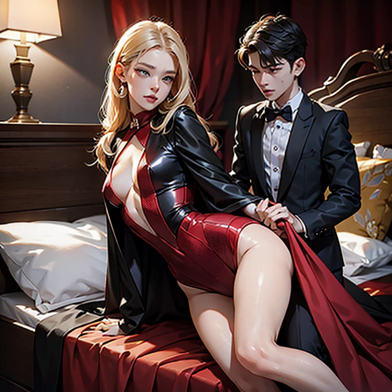 (tmasterpiece:1.2,Top image quality,A high resolution),full bodyesbian,(slender boy:0.9)In bed with sexy mistress:1.8,training:1.8,((Confident mistress),(Above the mistress:1.1),(Mistress dominates boy:1.2),(The boy is helpless at the hands of his mistress:1.1),Mistress strangles ,Mistress touches little boytch:1.4):1.2)。 (电影灯光)