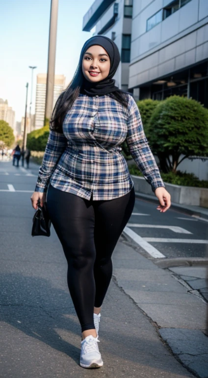 the best masterpiece, chubby hijab woman, beautiful Asian face, full breasts, wearing a checkered shirt, wearing sport leggings, walking in the city park, smiling sweetly, facial details, body details, ultra detailed, realistic quality