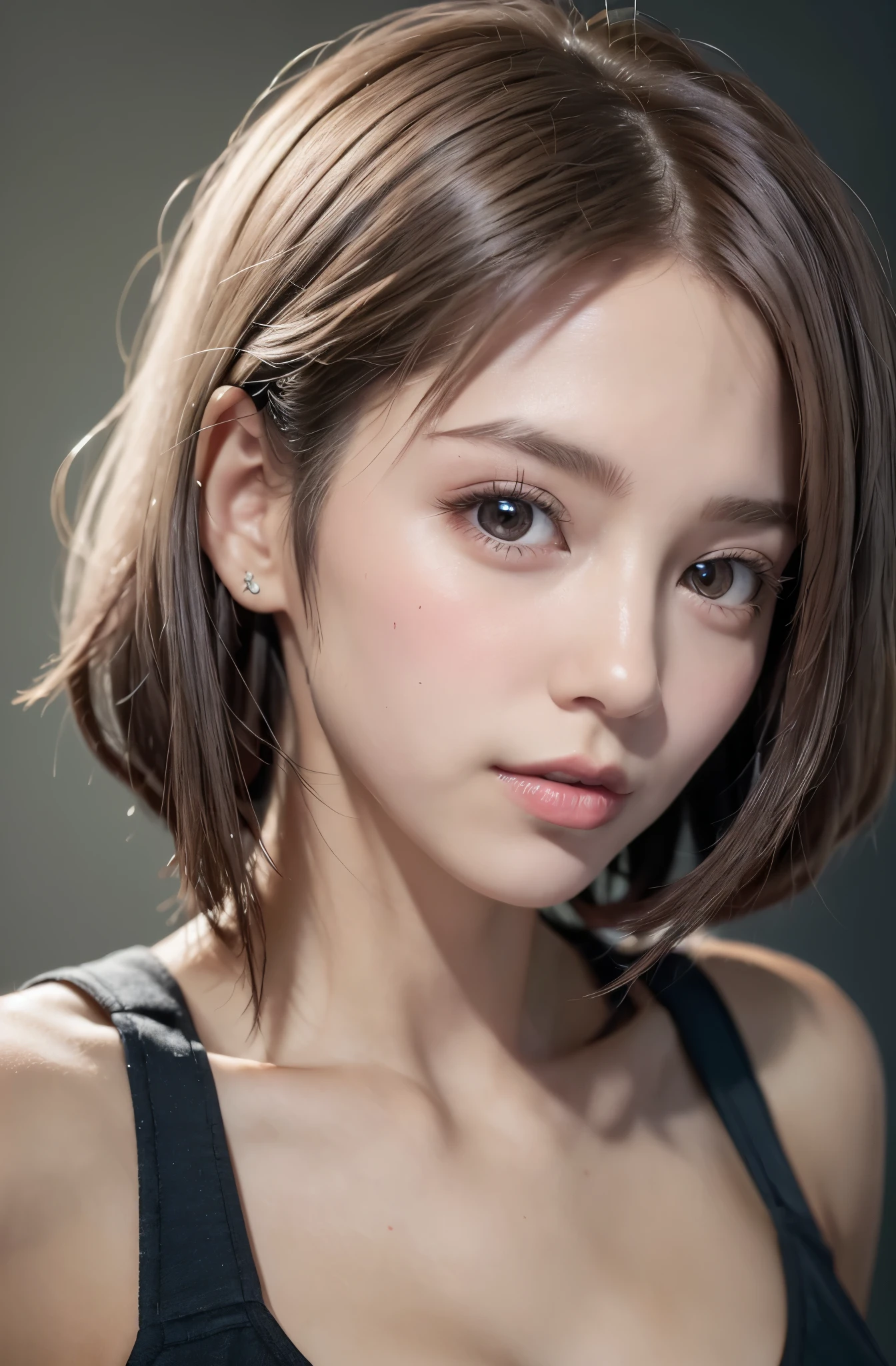 (8K, Photorealistic, Raw photo, of the highest quality: 1.3), (1girl in), Super beautiful, (Realistic face), (boyish, Silver Color Berry Shorthair), Beautiful , Glare that captivates the viewer, Beautiful expression, Beautiful breasts, (Realistic skin), Be...