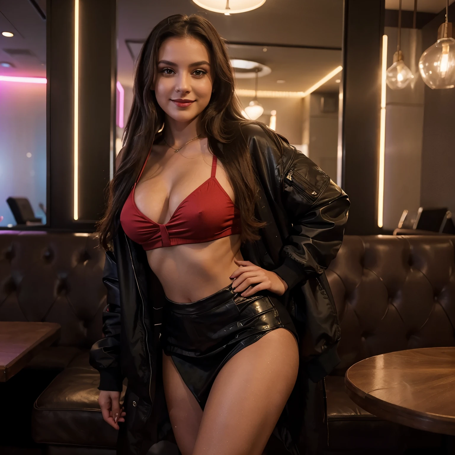 Create a stunning tanned, caucasian girl, 25 year old Instagram influencer with long straight dark brunette hair, and with a curvacious body with a small waist and thick thighs. Capture the girl candidly smiling, enjoying a night in a nightclub. Have her posed casually, enjoying the atmosphere. Have the environment set at night time, with bright club lighting consisting of spotlights and neon hues. Ensure she is wearing a high waisted black skirt, crop top and an oversized bomber jacket. Ensure she looks like shes on fun night out! Ensure she is wearing red lipstick and her hair is tied in a slick ponytail.