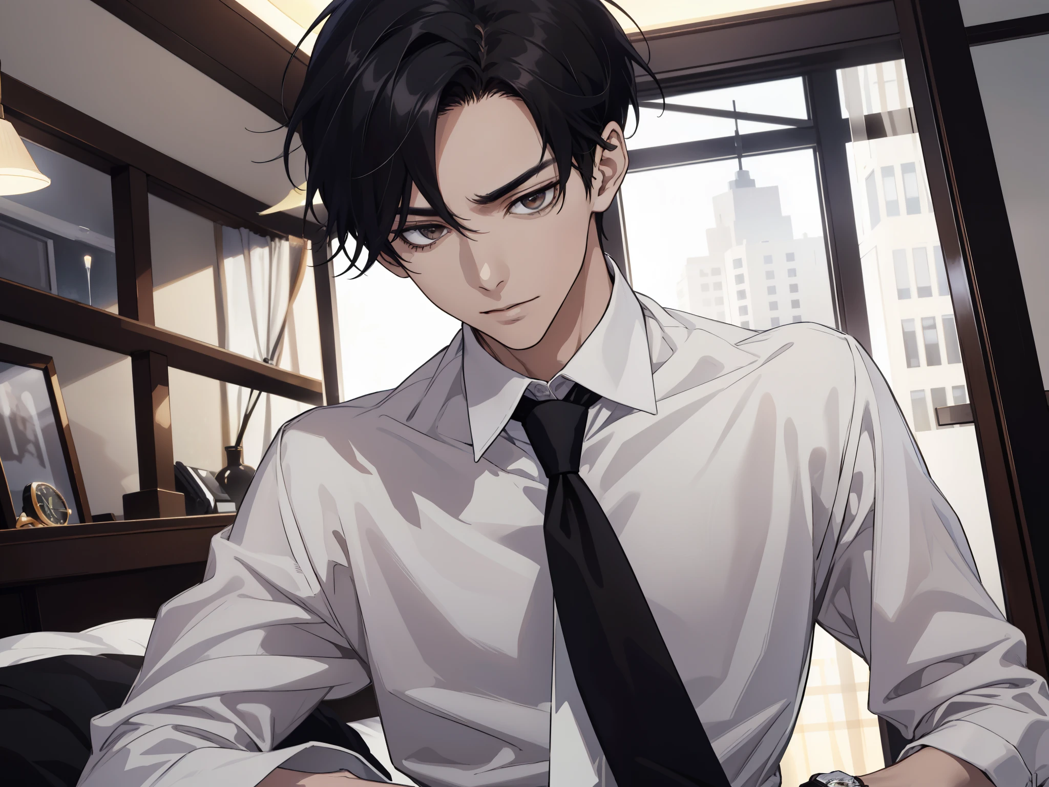 a closeup,despise,Angle from below,dynamic angle absurdity, hight resolution, ultra-detailliert, Background Hotel,nffsw), ムラムラ,perspiring,upset maste piece, Best Quality, 1boy, Solo, 22year old, Handsome, Blue black hair, finely brown eyes and detailed face, Forehead, ((Please wear a white shirt and black pants, tie)), (pale and white skin) lightsmile, a bed,Background Hotel,wrist watch, murky, Face Focus, , Thin, Undisturbed, upper body,yandere,natta,