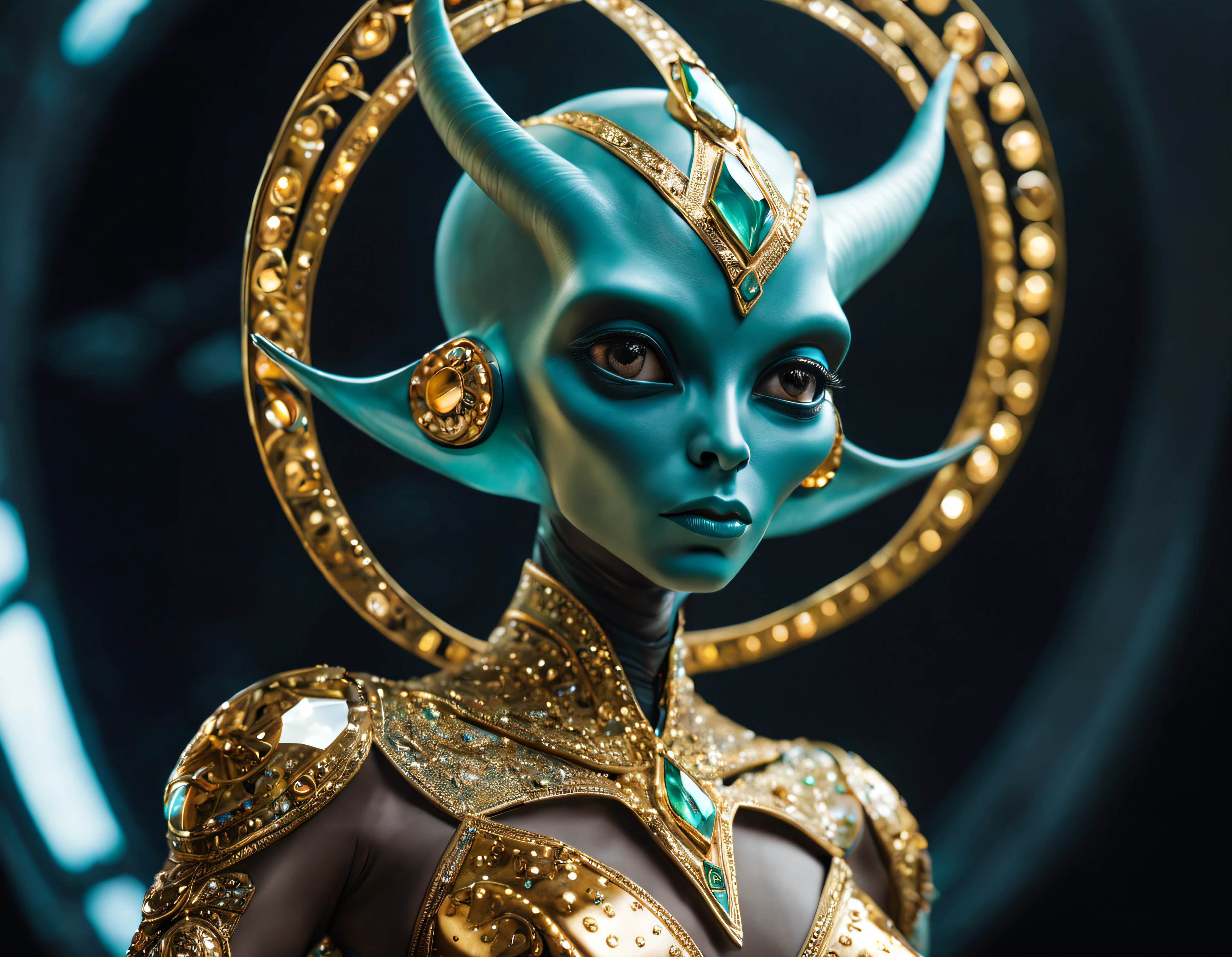 (cuerpo completo), extraterrestrial alien female similar to Lihö-Minaa princess of the people of the planet mül , ((vestida de traje de noche corto, engarzado con oro refulgente, priedras preciosas de colores y diamantes)), (se encuentra en centro de control de estacion espacial),detalles intrincados de la maquina de alta calidad), estilo cinematografico, nitidez absoluta, imagen 8k.(obra maestra).fondos de pantalla, ultra detallado.