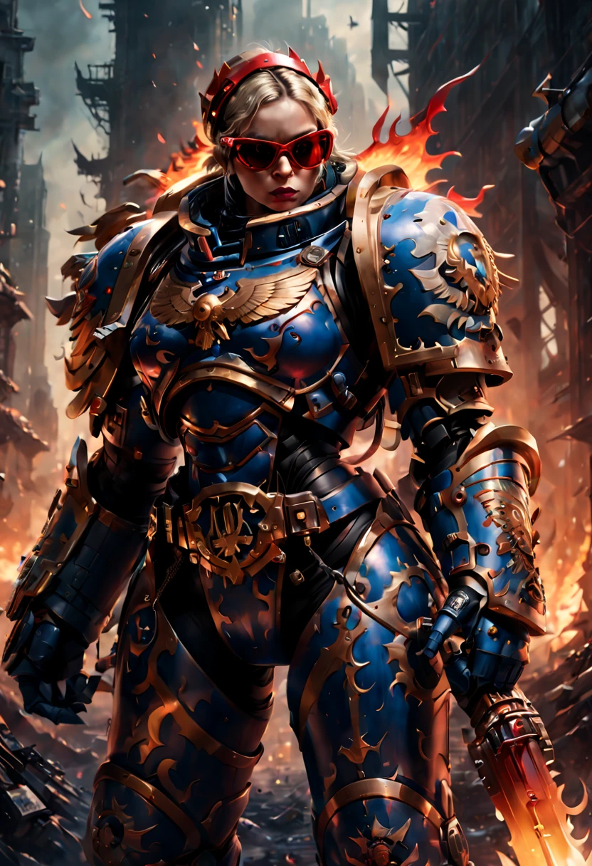 Warhammer 40K universe,Knight armor girl,Mechanical suit of blue and gold armor,red Santa hat,sparkly red color sunglasses,Intense war-like environment,holding a flaming sword,Destroyed buildings and flames,The background is a futuristic cityscape,severe and threatening atmosphere,Sci-fi cyberpunk aesthetics,High contrast and desaturated tones,Dramatic and dynamic lighting effec quality,4k,(highres,masterpiece:1.2),ultra-detailed,(realistic,photorealistic,photo-realistic:1.37)