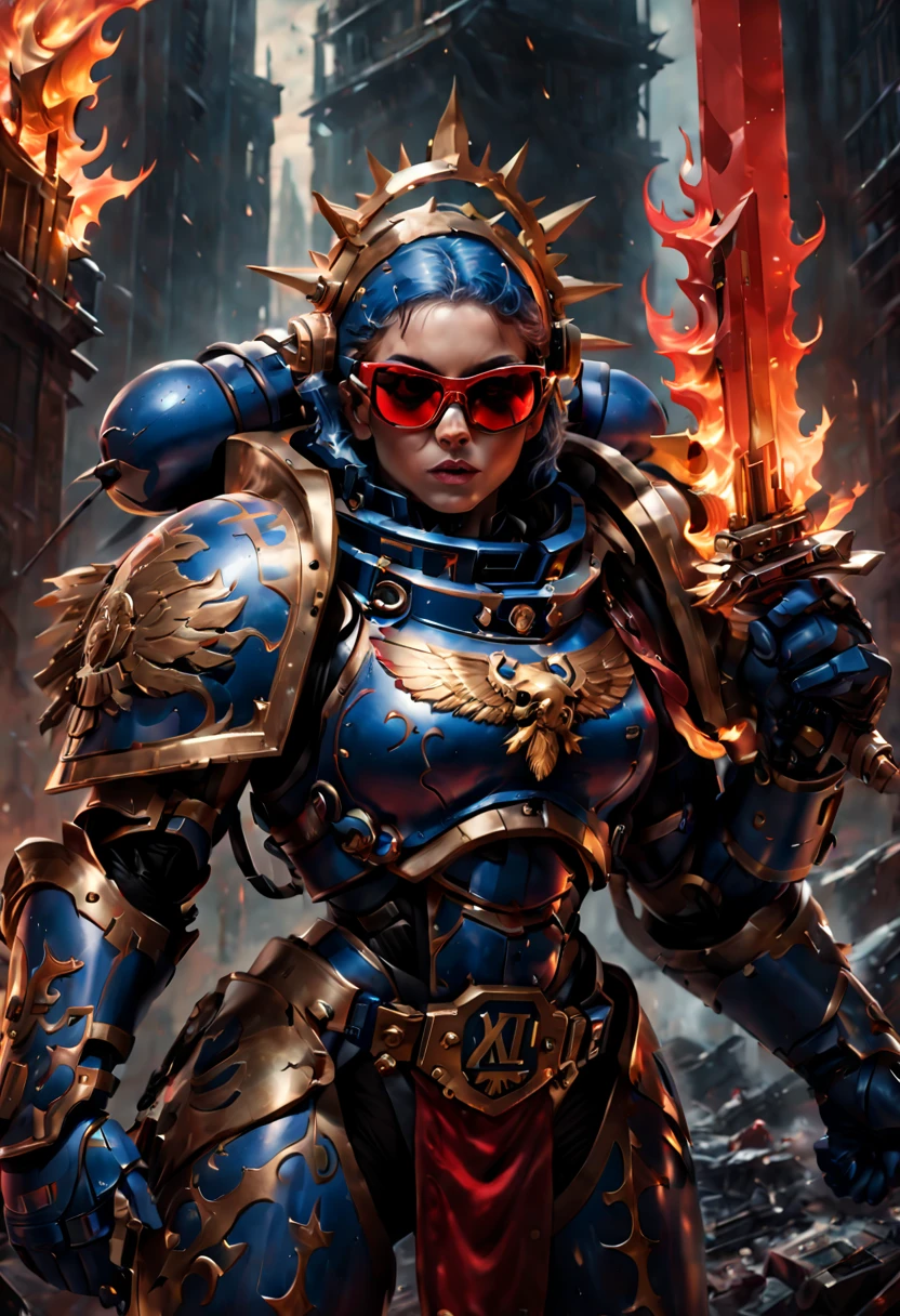 Warhammer 40K universe，Knight armor girl，Mechanical suit of blue and gold armor，red Santa hat，sparkly red color sunglasses，Intense war-like environment，holding a flaming sword，Destroyed buildings and flames，The background is a futuristic cityscape，severe and threatening atmosphere，Sci-fi cyberpunk aesthetics，High contrast and desaturated tones，Dramatic and dynamic lighting effec quality,4k,(highres,masterpiece:1.2),ultra-detailed,(realistic,photorealistic,photo-realistic:1.37)