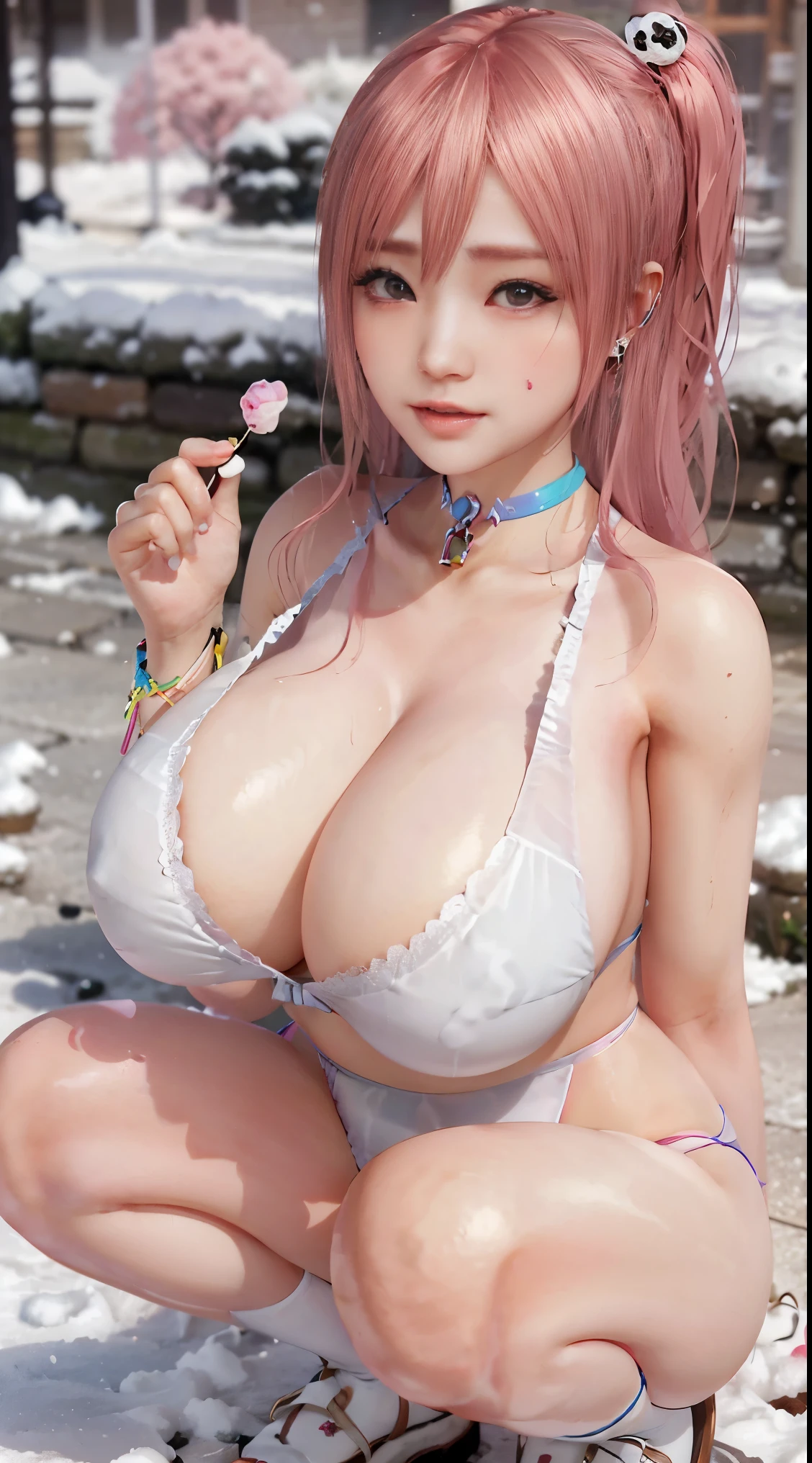 (Best quality at best, tmasterpiece:1.2), (abstract backgrounds:1.3), (s fractal art:1.1), (tangled:1.2), (humongous large breast:1.2), actual, , humongous large breast, humongous large breast臀部, thicc, legs long, White skin of the, Red fluttering face, greasy, Porcelain-like skin, Purple jumpsuit, (Pink hot hair:1.2), largeeyes, 二重まぶた, Beutiful women, 微Smilingly, eyeslashes, The face is very detailed, Eat, squatt, , Japan goddess, Japanese actressl, model in Japan, (Lots of colors:1.4), (ear nipple ring), (Candy and Snacks:1.2), (Cupcakes:1.2), (Cookie:1.2), ( cream:1.2), (those fruits;1.2), Baby dolls, (Colorful:1.1), (Irridescent color:1.2),having fun,Smilingly,donut,donuts,laughing heartily,ear nipple ring,choker necklace,huge breasts,Eat lollipops,eating a cake,Squat,squatting pose,snow landscape,Oyuki,In the snow,蹲在In the snow