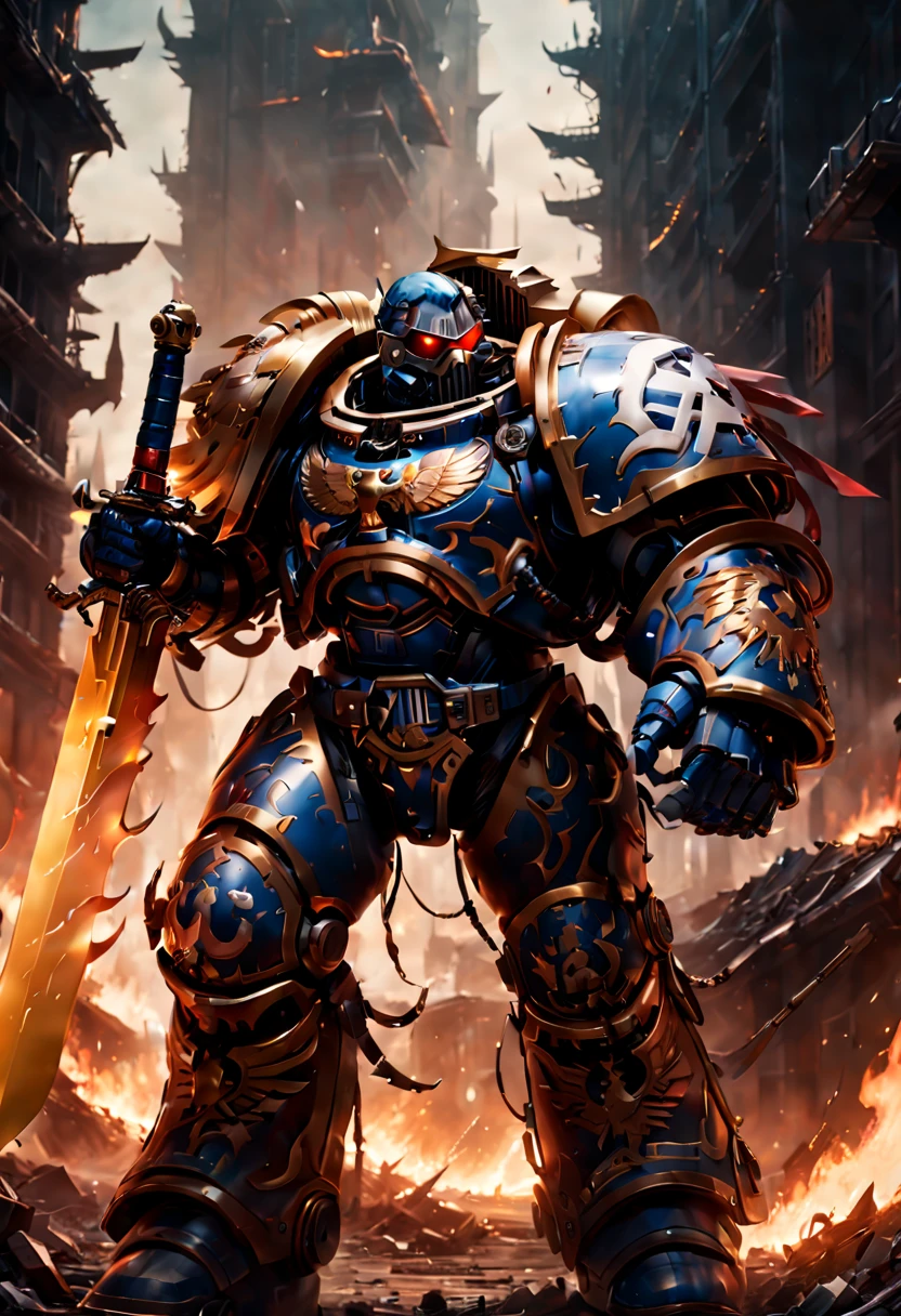 Warhammer 40K universe，Knight armor，Mechanical suit of blue and gold armor，sparkly red color sunglasses，Intense war-like environment，holding a flaming sword，Destroyed buildings and flames，The background is a futuristic cityscape，severe and threatening atmosphere，Sci-fi cyberpunk aesthetics，High contrast and desaturated tones，Dramatic and dynamic lighting effec quality,4k,(highres,masterpiece:1.2),ultra-detailed,(realistic,photorealistic,photo-realistic:1.37)