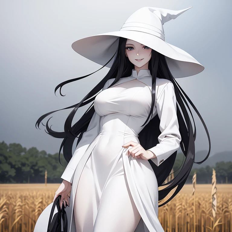 Anime style image of a very tall woman with pale skin, long white dress, long black hair and a white hat. She stands with a scary smile in a corn field in the middle of a lot of fog.