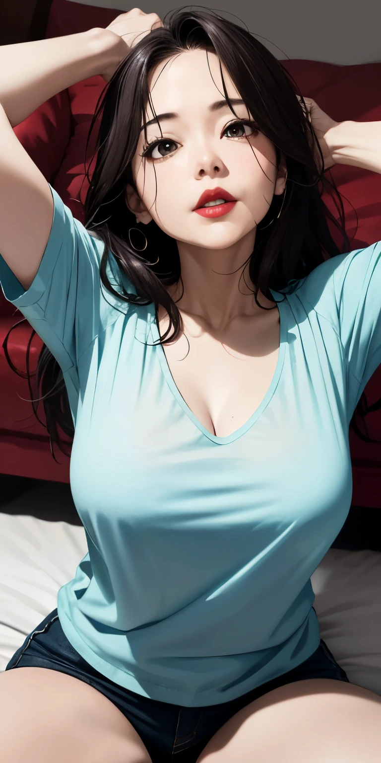 realisticlying、45-year-old girl、T-shirt wearing,Face enhancement,Chest super large zoom,Cleavage emphasis,Looking up from the bottom,Blushing,Red lips,A sexy,Bed sit,Open your mouth wide、Put your arms around the back of your head、Wearing underwear