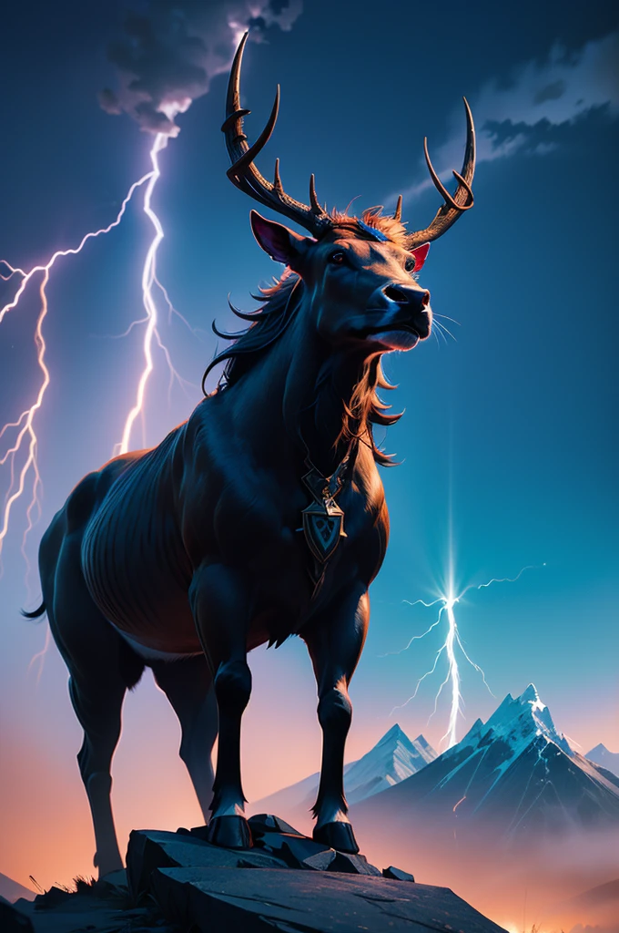 Black Light Art, a stag, glowing horn, (On the mountain top:1.4), composed of elements of thunder, thunder, electricity, look up to the sky, low angle view, octane render, enhance, intricate, vivid colorest quality, masterpiece, Representative work, official art, Professional, unity 8k wallpaper:1.3)