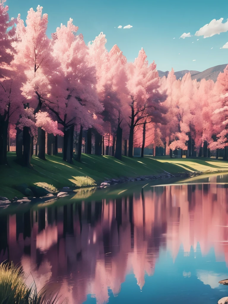 Gran calidad, pink trees, dia, puerta japonesa roja, green small trees, small crystal clear lake, piedras