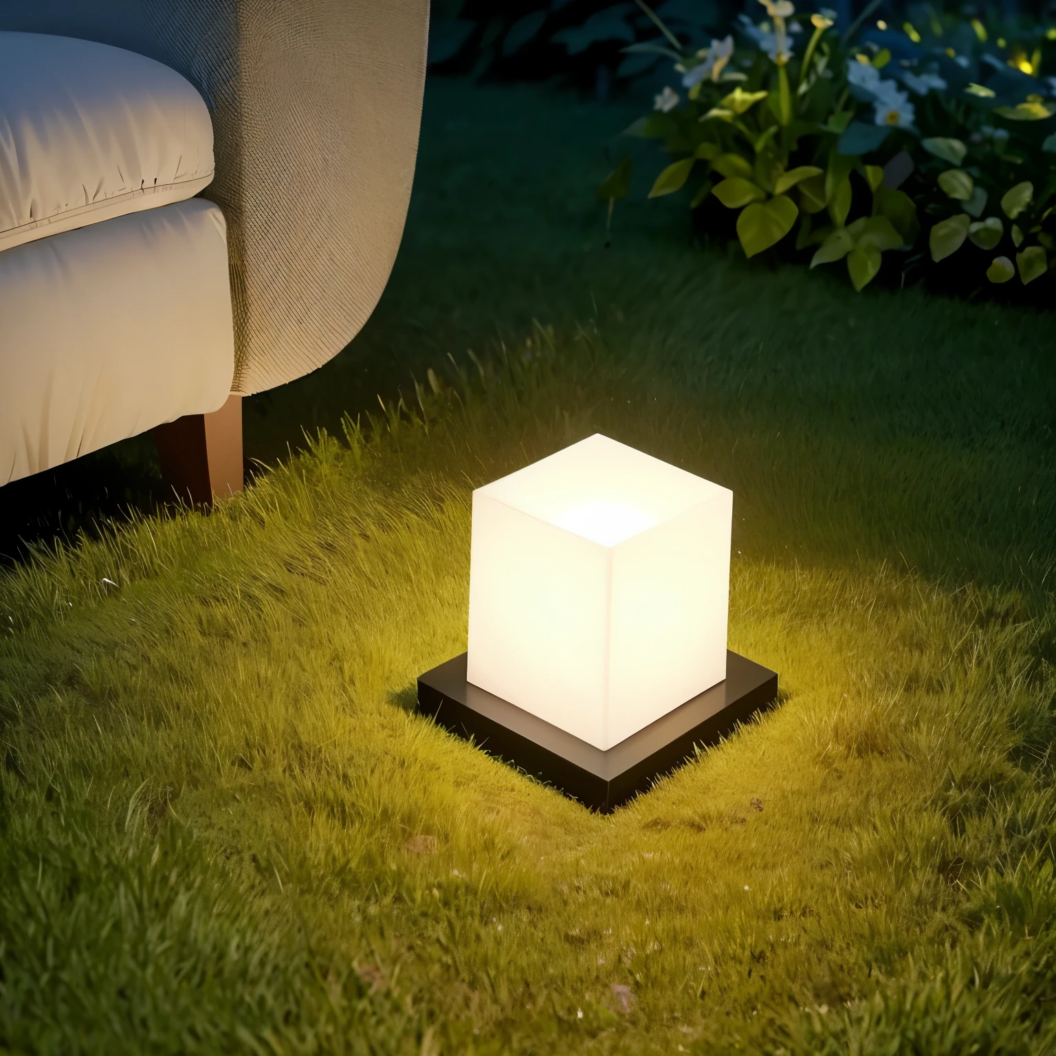 There is a lamp on a stone in the grass, soft filtered outdoors lighting, volumetric outdoors lighting, illuminating the area, soft outdoor light, warm lantern lighting, outdoors lighting, oled lights in corners, outdoors lighting, ambient amber light, fibonacci volumetric lighting, cinematic outdoors lighting, tranquil lighting, Warm ambient light, ignite. 'the cube'