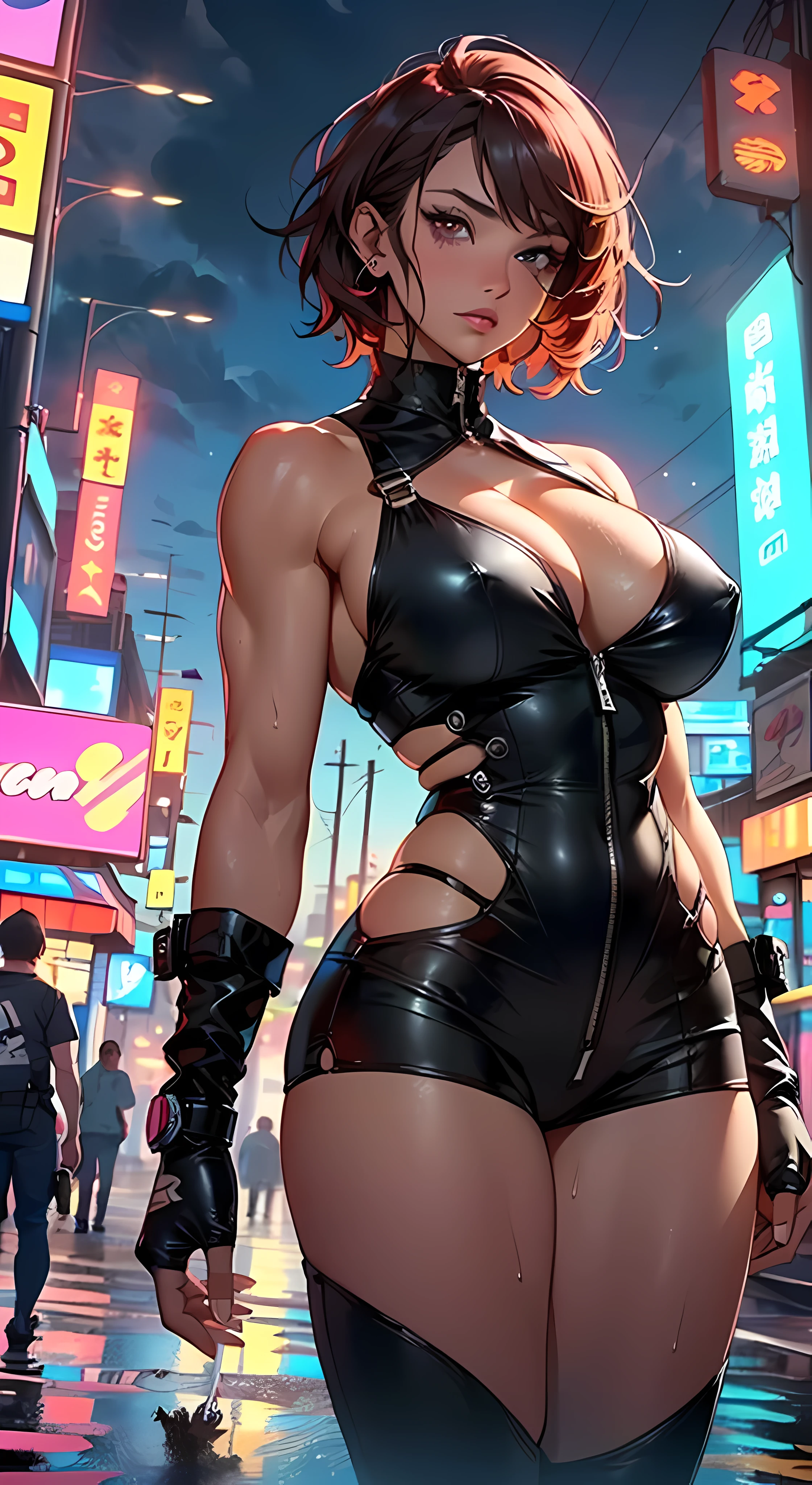 mechanical girl,(1girl: 1.3),((1 black girl with extremely cute and beautiful red hair)),((((black race)))),

(big breasts: 1.7),sagging breasts,(((short red hair: 1.35,cropped,redhead,very short hair))),((heterochromia:1.5, (orange_eye and red_eye))),intricate eyes,beautiful detailed eyes,symmetrical eyeat),((((tan,dark skin,black skin:1.35,dark-skinned_female,dark skin:1.3,ebony skin,lustrous skin:1.5,bright skin: 1.5,shiny skin,very shiny skin,shiny body,illuminated skin,wet legs)))),(spider lower abdomen,narrow waist,wide hip ,athletic body,inflated legs,delicate and detailed fingers,detailed body,(detailed face)),((muscle legs)),((muscular thighs)), ((bodybuilder girl)), ((((huge muscles)))),((ABS)),(huge stature,tall stature,very tall girl),

cute,slutty,,seductive look,seductive,erotic,((nsfw)),

(fitted overalls: 1.3,suit unbuttoned),(((mechanical tools on his clothing, cloth clothes))),(((huge cleavage))),((wet clothes,intricate outfit,intricate clothes)),

(dynamic pose:1.0),embarrassed,(centered,scale to fit dimensions,Rule of thirds),

cyberpunk city by the ocean at night, with bright neon signs and dark stormy clouds and puddles, scenery:1.25,

artistic photography,(photography taken by sldr),highres, sharp focus, (ultra detailed, extremely detailed), (photorealistic artwork:1.37),(extremely detailed CG unity 8k wallpaper),((synthwave background theme)),(((vibrant colors))),(intricate background),(masterpiece),(best quality),