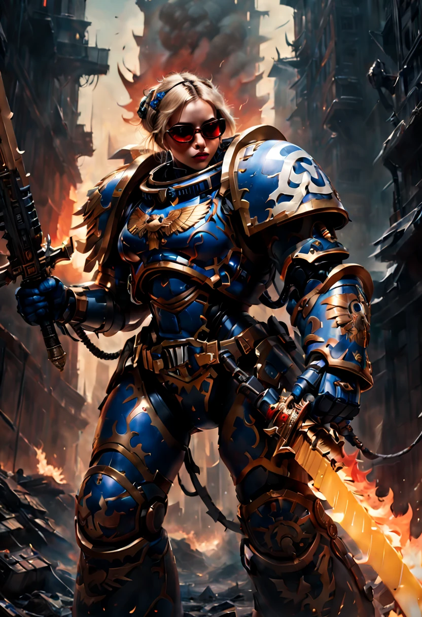 Warhammer 40K universe，Knight armor girl，Mechanical suit of blue and gold armor，sparkly red color sunglasses，Intense war-like environment，holding a flaming sword，Destroyed buildings and flames，The background is a futuristic cityscape，severe and threatening atmosphere，Sci-fi cyberpunk aesthetics，High contrast and desaturated tones，Dramatic and dynamic lighting effec quality,4k,(highres,masterpiece:1.2),ultra-detailed,(realistic,photorealistic,photo-realistic:1.37)