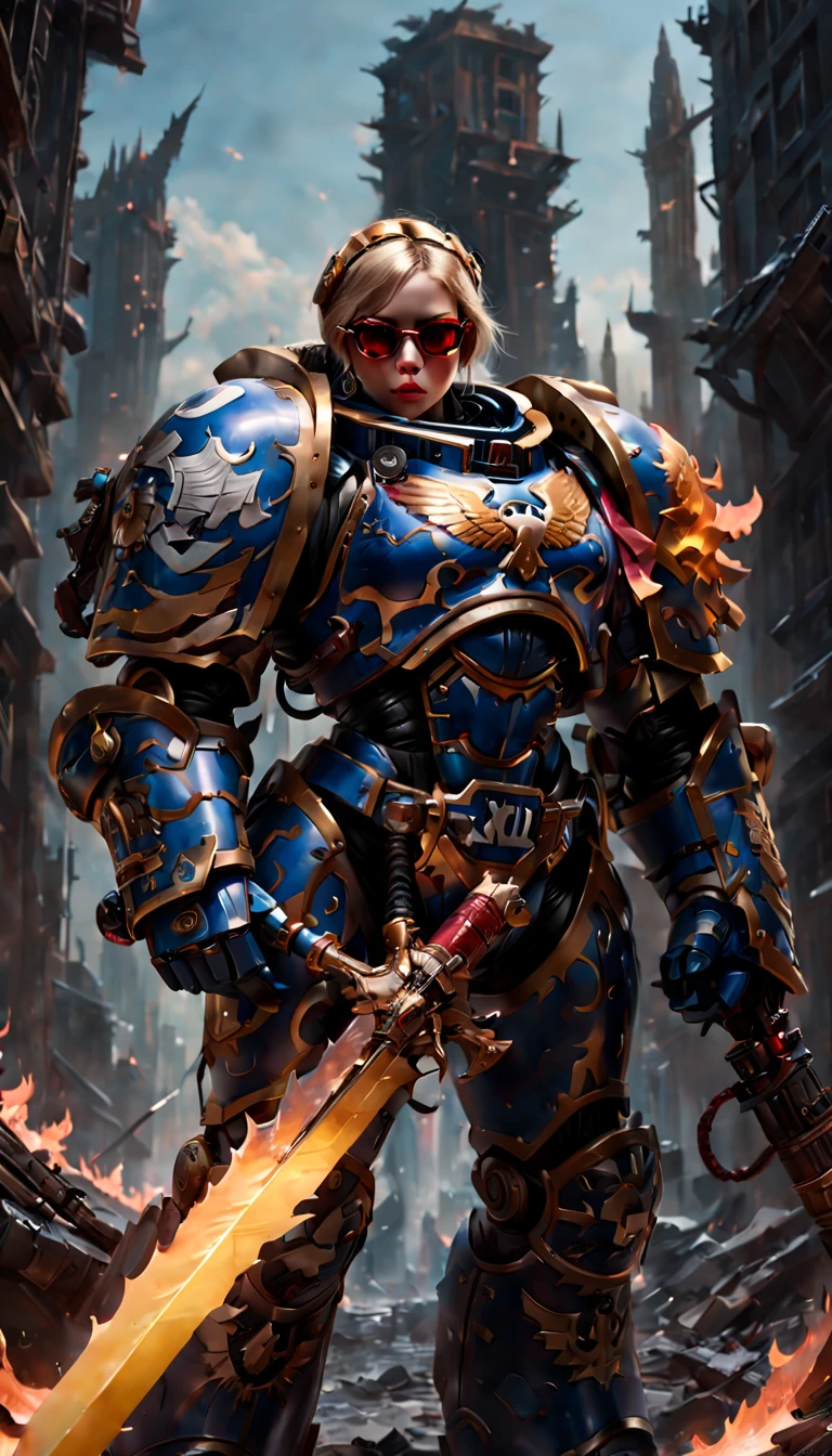 Warhammer 40K universe,Knight armor girl,Mechanical suit of blue and gold armor,sparkly red color sunglasses,Intense war-like environment,holding a flaming sword,Destroyed buildings and flames,The background is a futuristic cityscape,severe and threatening atmosphere,Sci-fi cyberpunk aesthetics,High contrast and desaturated tones,Dramatic and dynamic lighting effec quality,4k,(highres,masterpiece:1.2),ultra-detailed,(realistic,photorealistic,photo-realistic:1.37)
