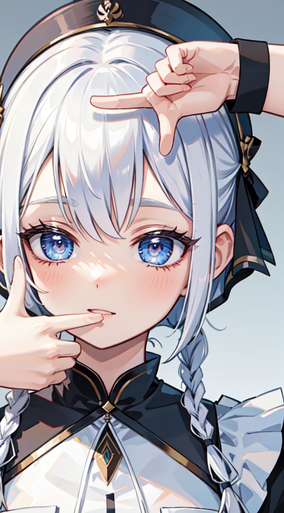 (thawb), ((finger frame)), (best quality:1.3), (highres1.3), (clear1.3), (8k:1.3), masterpiece, (detailed:1.1), 1girl, beautiful detailed eyes, beautiful detailed lips, extremely detailed eyes and face, long eyelashes, ((white hair)), braid, short bangs, blue eyes,, smile, perfect proportion,, face close up,