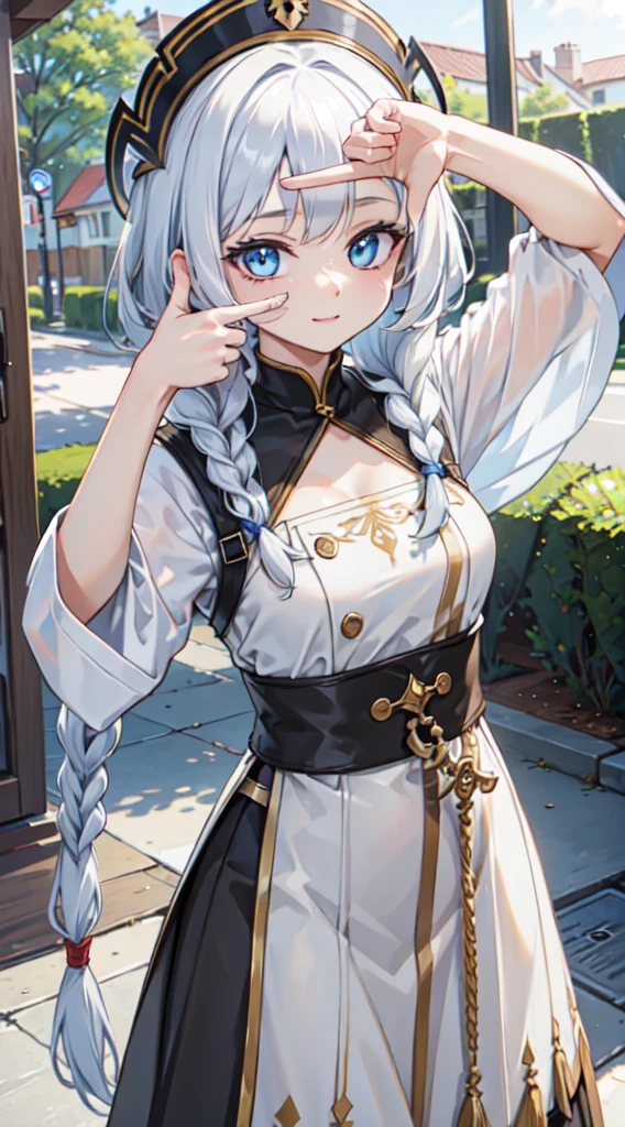 (thawb), ((finger frame)), (best quality:1.3), (highres1.3), (clear1.3), (8k:1.3), masterpiece, (detailed:1.1), 1girl, beautiful detailed eyes, beautiful detailed lips, extremely detailed eyes and face, long eyelashes, ((white hair)), braid, short bangs, blue eyes,, smile, perfect proportion,, face close up,