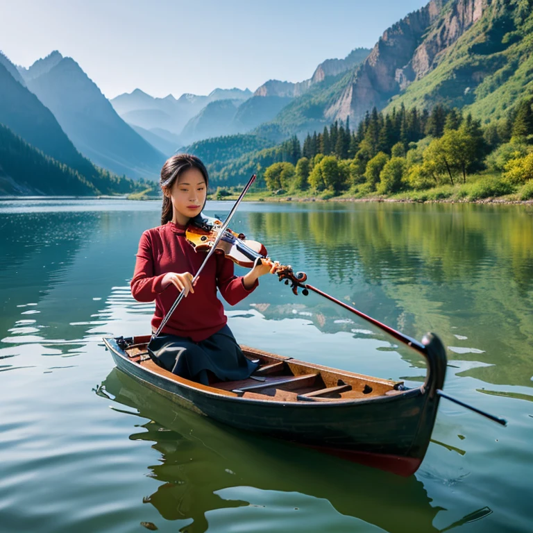 A beautiful woman playing the violin on a boat in the blue lake. Wearing white shirt on mix red, black, green vector color painting, myanmar lon-gyi coloring red, black, green white mixed vectors. In the background, a man is fishing with a net while the fisherman catches the fish and puts them in the small backpack. The Lake is heart shape and surrounded by mountains.