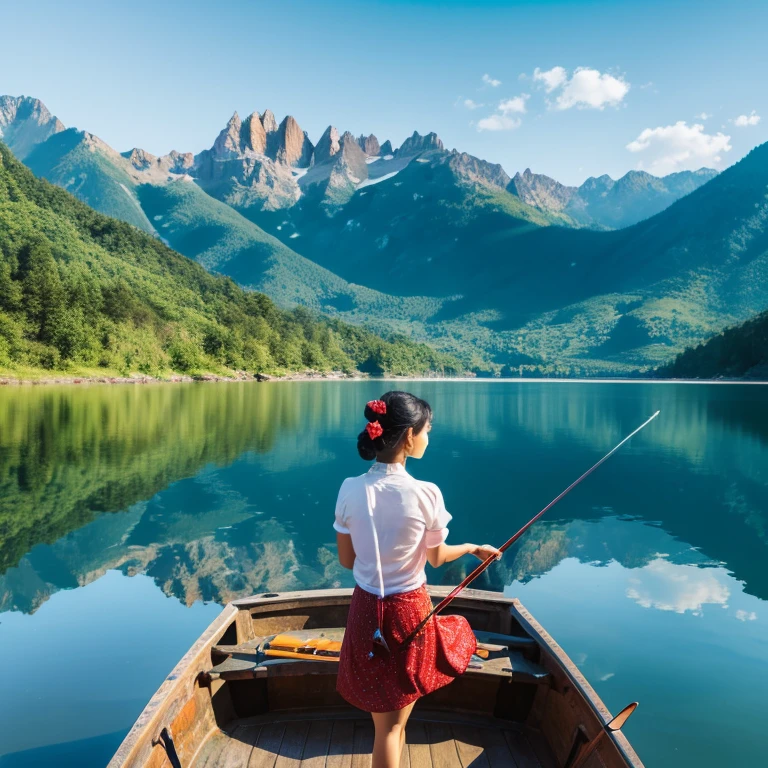 A beautiful woman playing the violin on a boat in the blue lake. Wearing white shirt on mix red, black, green vector color painting, myanmar lon-gyi coloring red, black, green white mixed vectors. In the background, a man is fishing with a net while the fisherman catches the fish and puts them in the small backpack. The Lake is heart shape and surrounded by mountains.