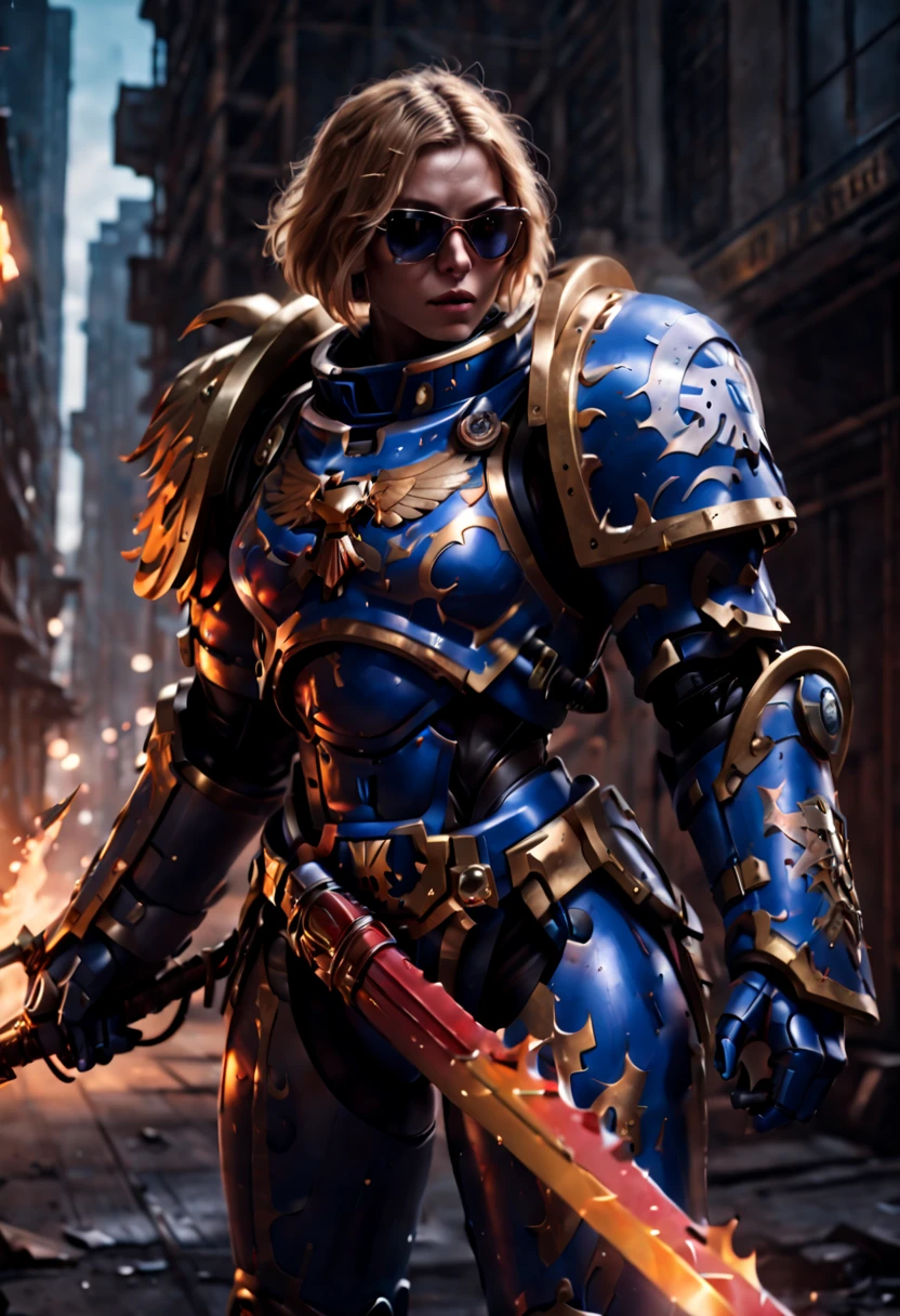 Warhammer 40K universe，Knight armor girl，Mechanical suit of blue and gold armor，sparkly red color sunglasses，Intense war-like environment，holding a flaming sword，Destroyed buildings and flames，The background is a futuristic cityscape，severe and threatening atmosphere，Sci-fi cyberpunk aesthetics，High contrast and desaturated tones，Dramatic and dynamic lighting effec quality,4k,(highres,masterpiece:1.2),ultra-detailed,(realistic,photorealistic,photo-realistic:1.37)